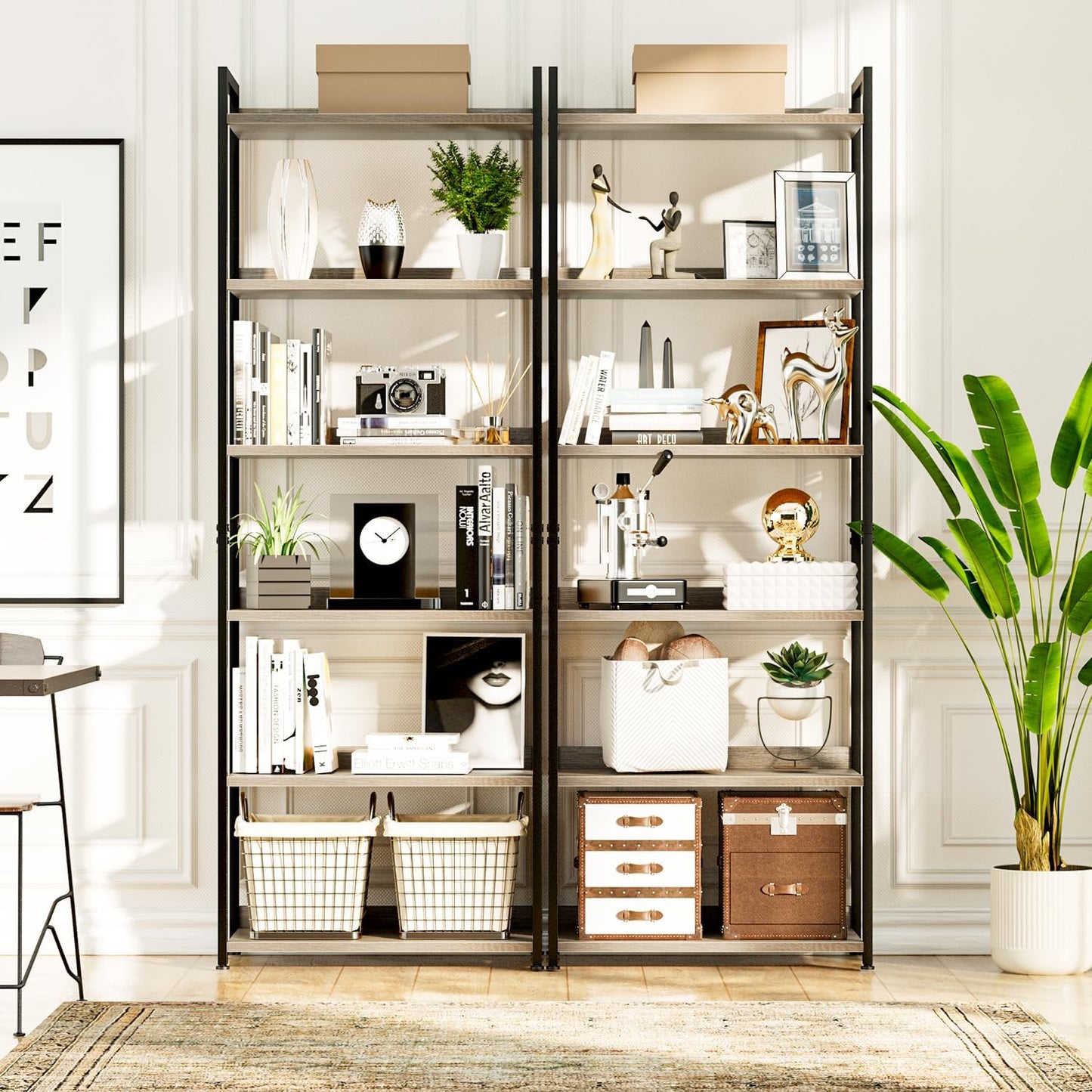 NUMENN Bookshelf, 6 Tier Bookshelves, Home Office Bookcase Shelf Storage Organizer, Free Standing Storage Shelving Unit for Bedroom, Living Room and Home Office, Grey