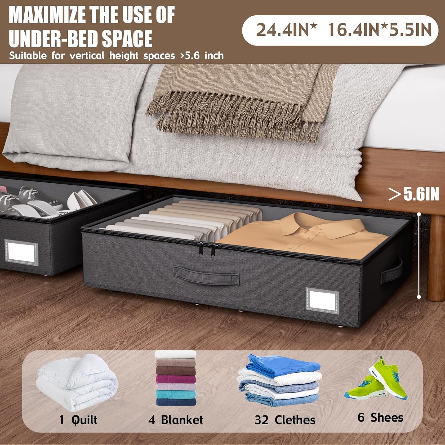 Underbed Storage With Wheels, No Assembly Required - 5.5 Inch Height Black Underbed Bins, Low Profile Rolling Shoe Storage Containers for Dorm