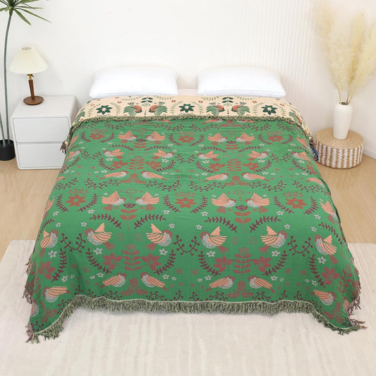 Boho Throw Blanket for Bed, 100% Pure Cotton Ultra Soft Rustic Quilt, Farmhouse Decor Bed Blankets, All Season Rustic Throw for Sofa Couch Chair(91''x 98'', Bird B)