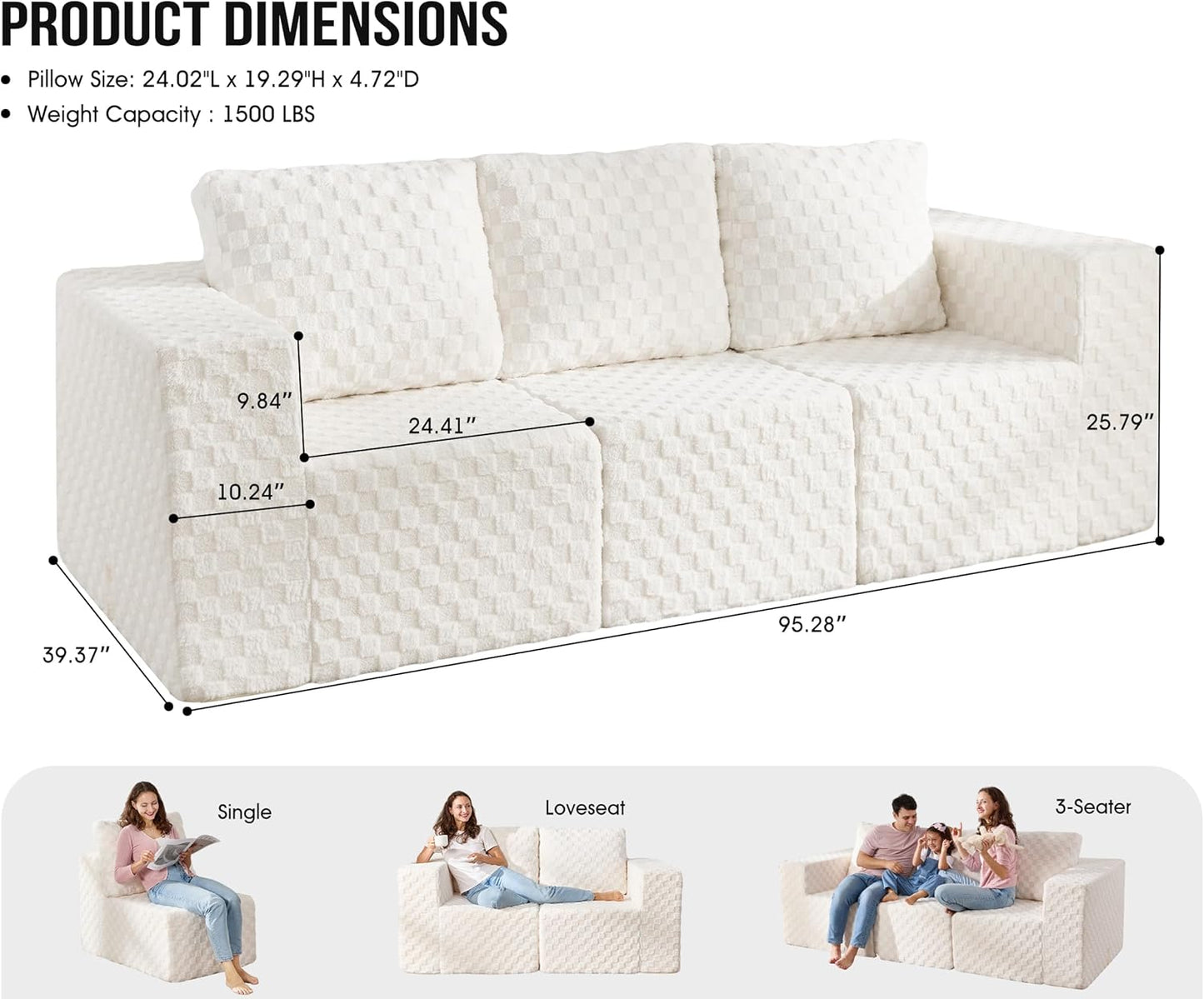 Modular Sectional Sofa 3-Seater Modular Couch with Deep Seat Memory Foam Cloud Chair with Pillows Oversized Sectional Sofa for Living Room Bedroom (Plush White, 3-Seater)