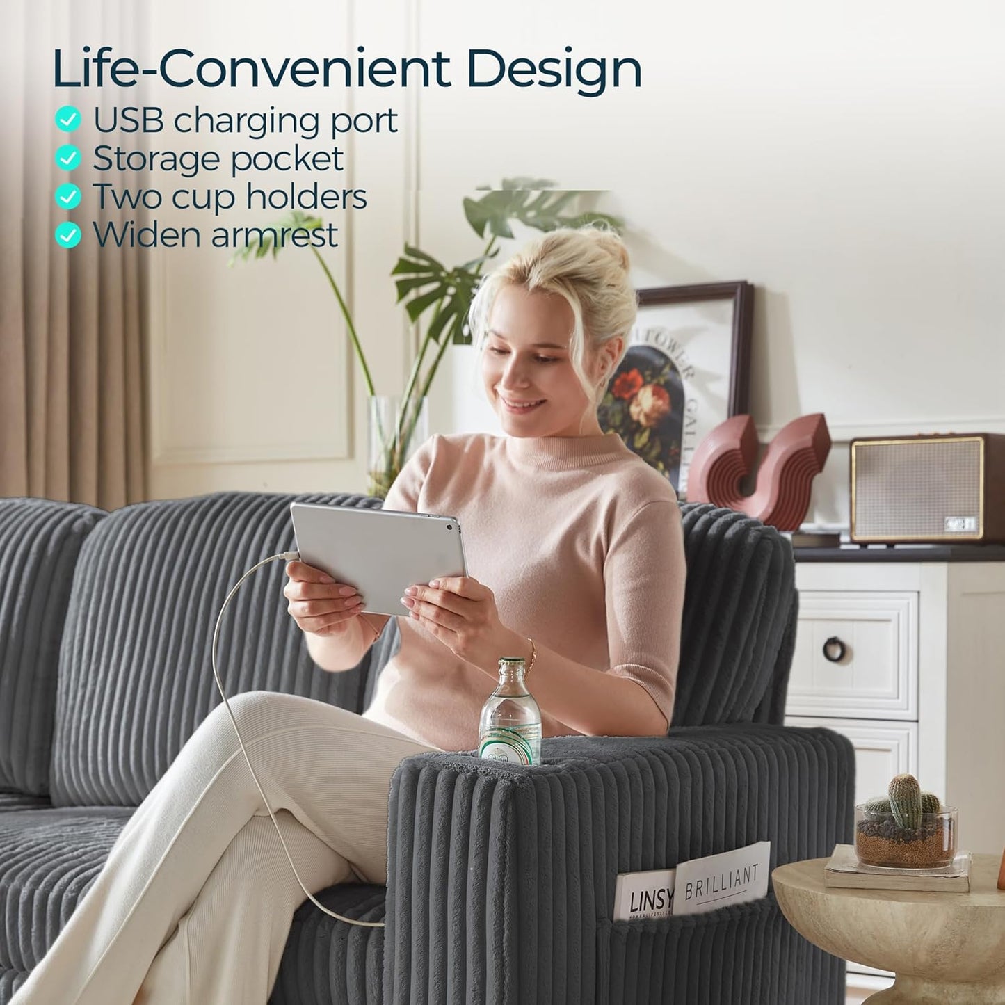 LINSY HOME Sectional Sleeper Sofa with Pull Out Couch Bed Convertible Plush Corduroy Cloud Couch with Storage Chaise & USB Charging, Comfy L Shaped Modular Couches for Living Room Apartment (Grey)