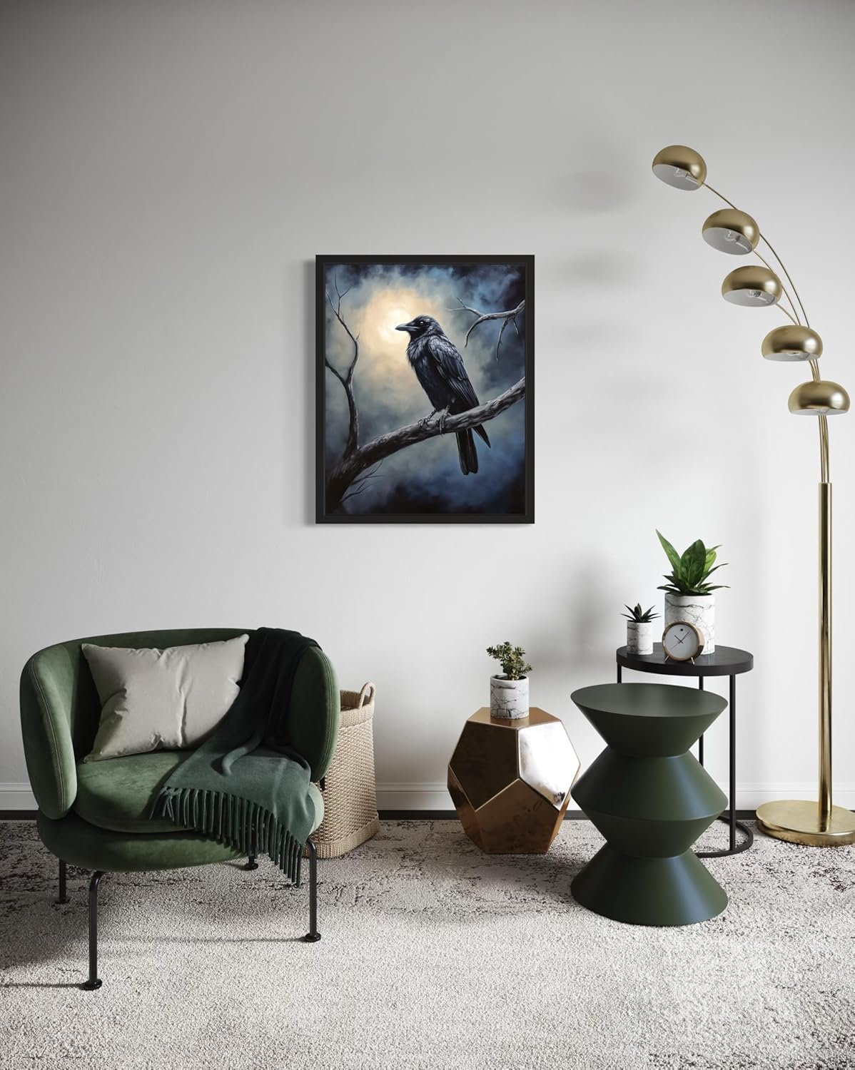 Crow under the Moonlight Poster Art Print, Halloween Scary Vintage Wall Art Academia Spooky Painting Decoration for Horror Prints, Gothic Posters Bedroom Decor 89 (Crow under the Moonlight, 16 x 20 inches, Black Frame)