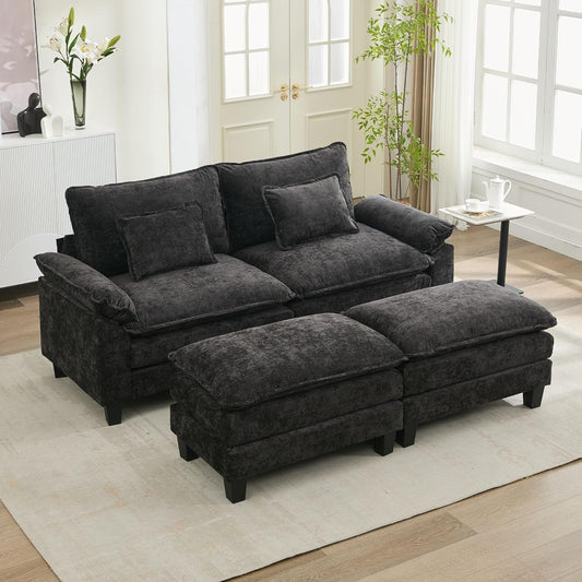 URRED Modular Sectional Sofa Comfy Cloud Couch, Modern Chenille Sofa Sleeper Deep Seat Couches with Ottoman/Pillows for Living Room (Black, 82.6''- 2 Ottomans)