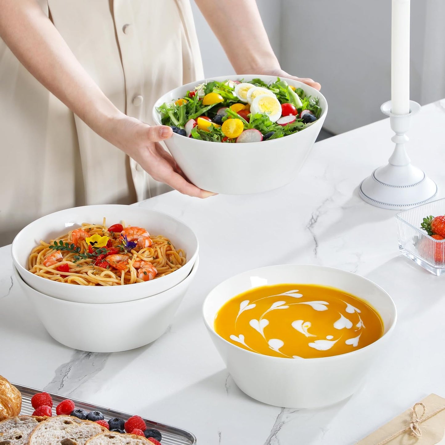 MALACASA Large Salad & Soup Bowls - Set of 4, 60 OZ Porcelain White Bowls for Ramen, Pasta, Pho - Microwave & Dishwasher Safe