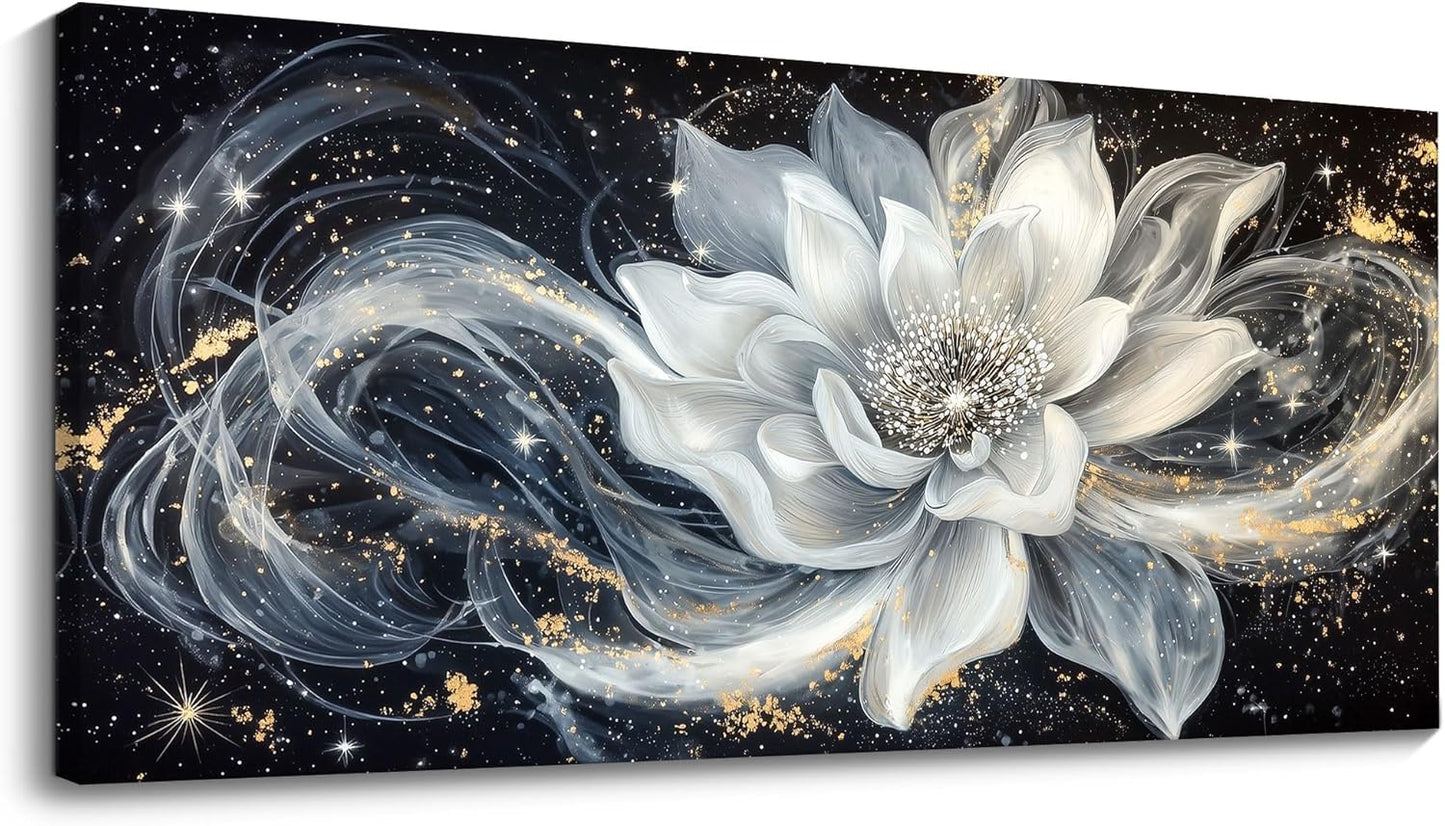 QZQCBLC Large Wall Art, Black and White Lotus Wall Art Modern Abstract Flower Pictures Gold Silver Canvas Painting Artwork for Living room Bedroom kitchen Home Office Decor 29x58 IN
