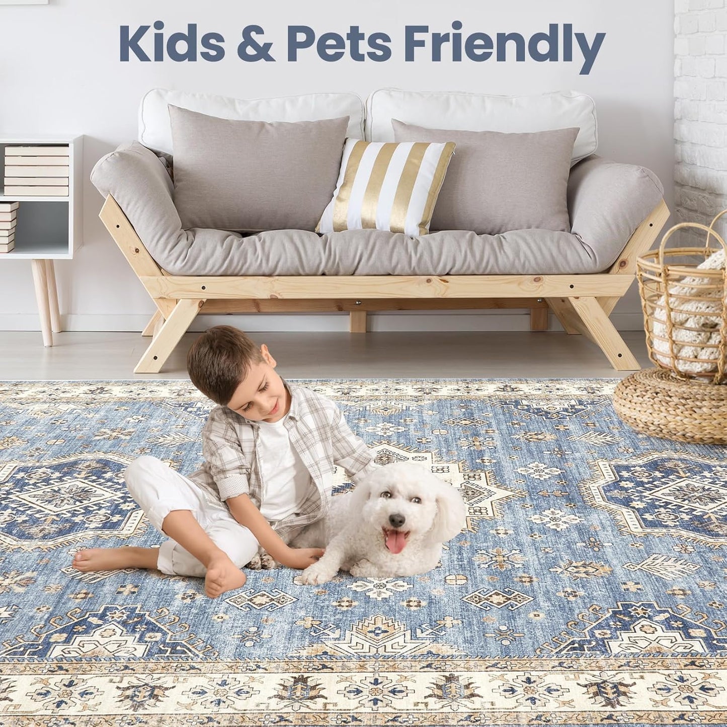 Washable Area Rugs for Living Room -10x12 Neutral Vintage Distressed Floral Farmhouse Boho Large Soft Floor Rug Indoor Non Slip Carpet for Living Room Bedroom Dining Room Office - Blue