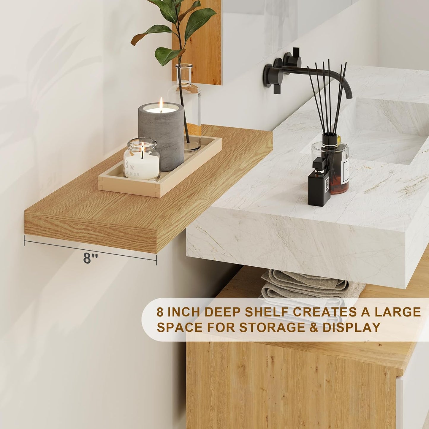 Fun Memories Floating Shelves 36 Inch Long, Deep Floating Shelf for Wall, 36 x 8 Floating Shelves Set of 2, 8 Inch Deep Wall Shelf for Living Room, Kitchen, Bedroom, Large Storage Shelves, Oak Color