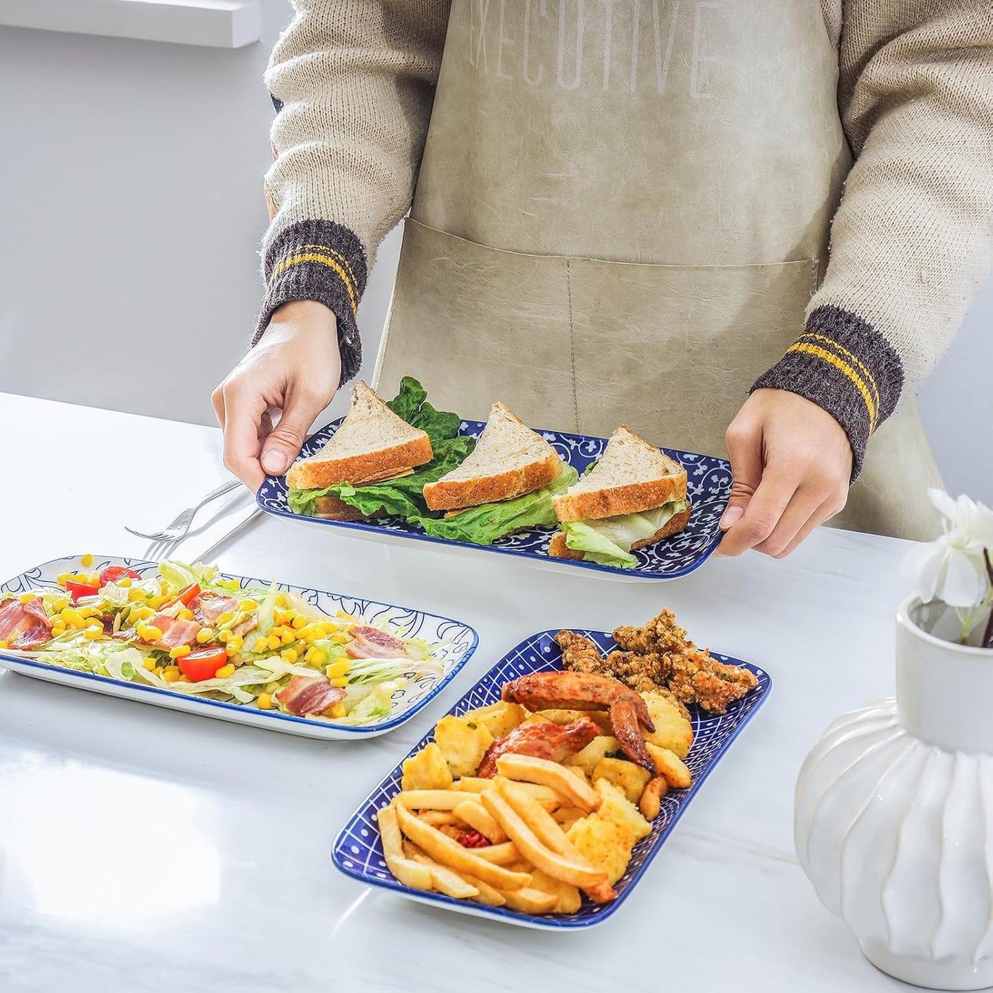 Selamica Ceramic Serving Platters, 12 Inch Serving Trays for Party Entertaining, Large Rectangular Serving Plates for Food, Set of 6, Vintage Blue
