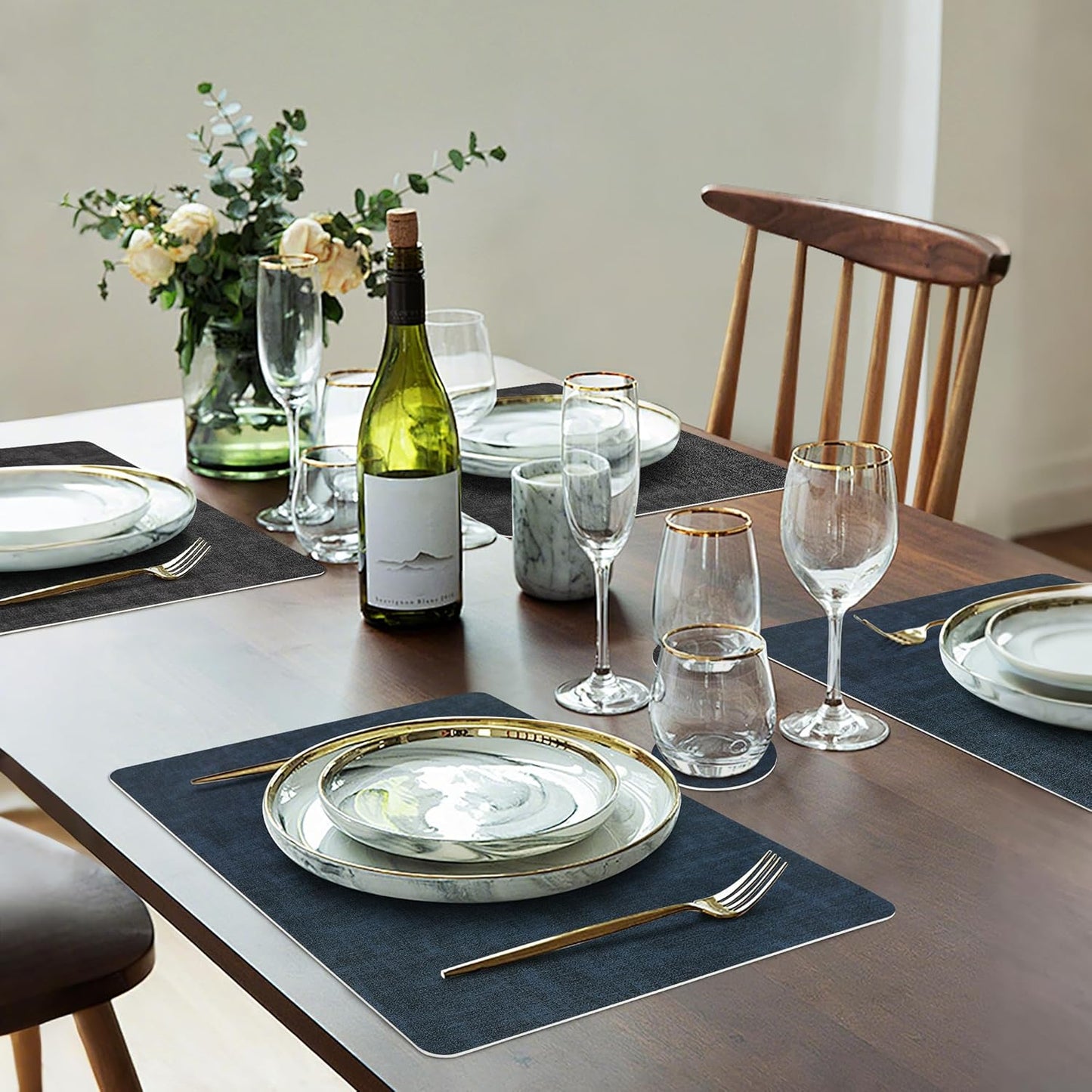 Faux Leather Dual Sided Placemats Set of 6, Square Non-Slip Heat Resistant Placemats with Coaster, Reversible wipeable Waterproof Table Mats for Kitchen, Dining, Outdoor (6, Black Navy Blue)