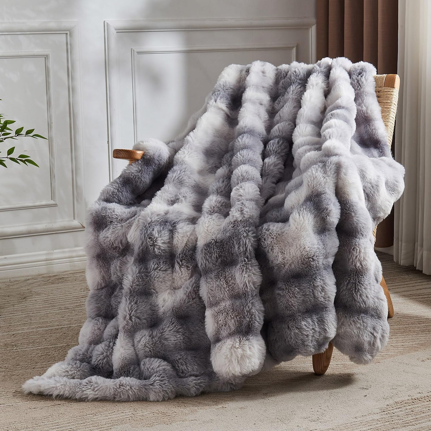 Lotus Karen Faux Fur Blanket - Tie-Dye Gray Twin Size, Big Bubble Rabbit Fluff, Thick Furry Plush Shaggy Blanket for Men, 60x80 Inches