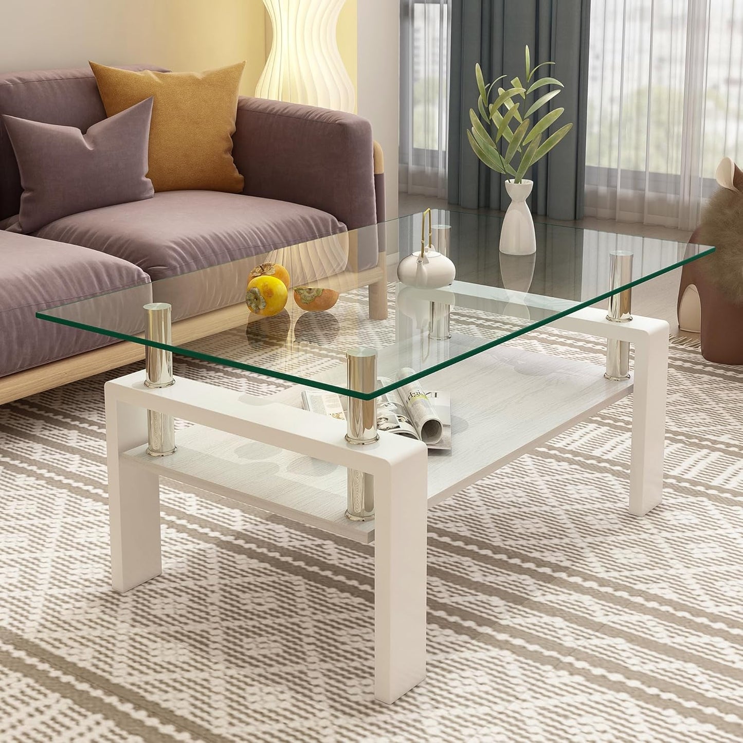 Glass Coffee Table Rectangle Living Room Center Table, with Transparent Tempered Glass Tabletop and White MDF Layer,for Living Room and Office, Transparent +White