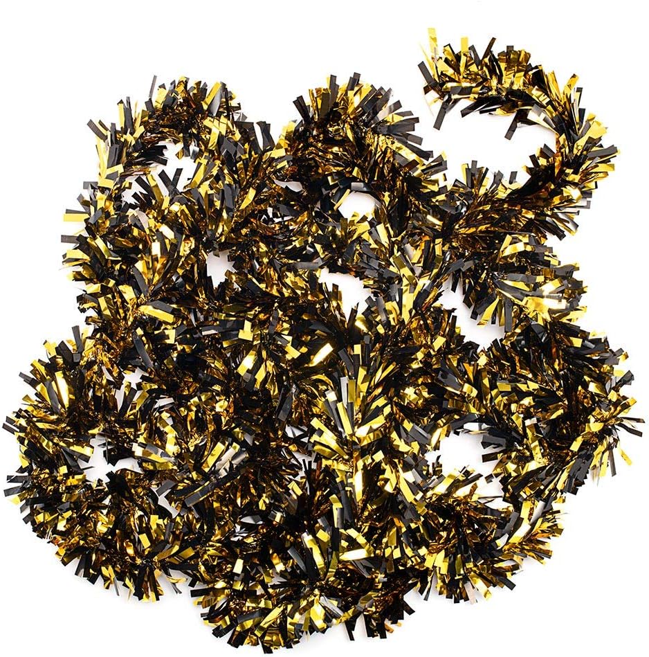 Anderson's Black & Gold Metallic Tinsel Twist for Trailer Or Golf Cart, 4 inches Wide x 25 ft Long, Christmas, Birthday, Halloween, Graduation and Holiday Garland Decor for Parties and Parades
