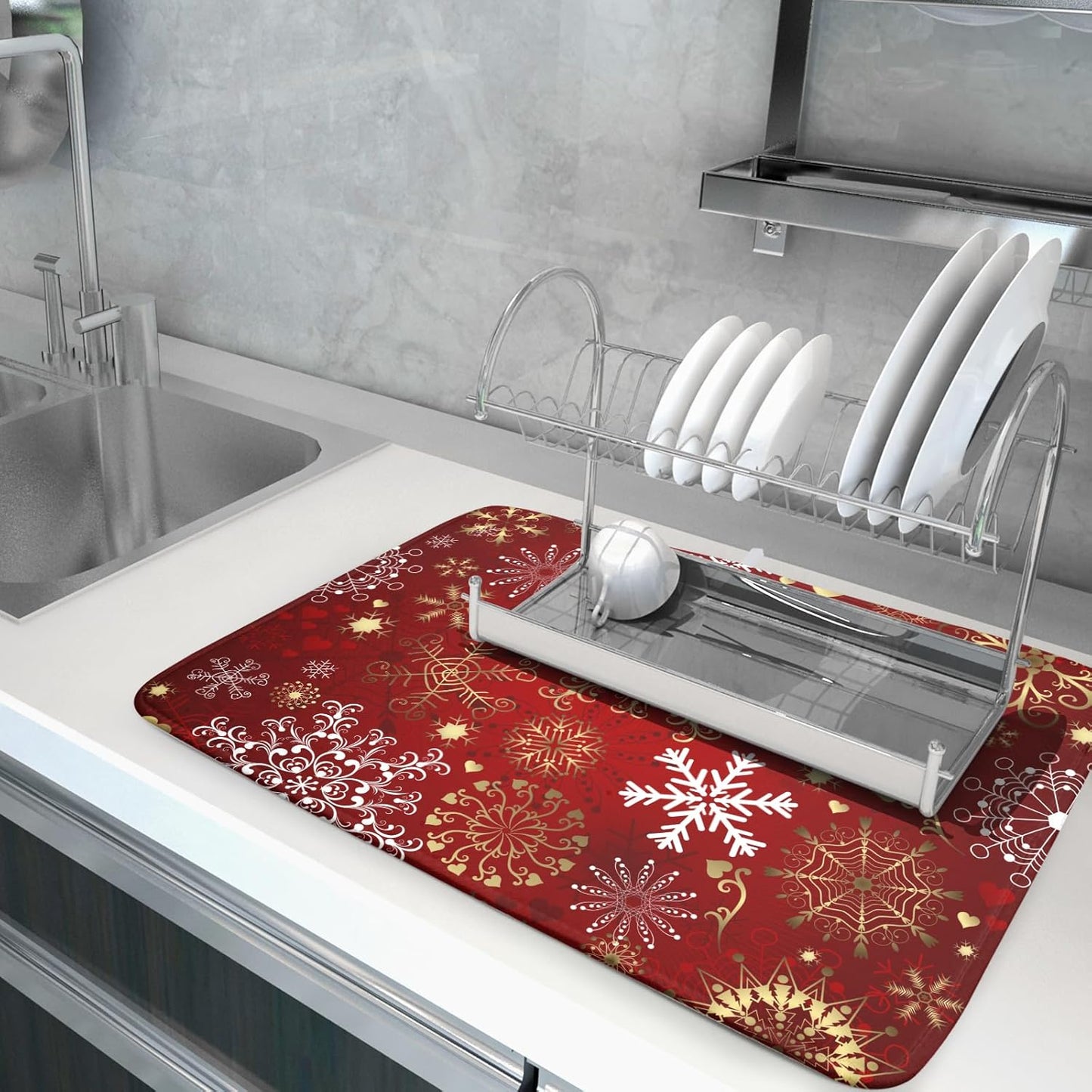 Red Snowflake Dish Drying Mat for Kitchen Counter Holiday Super Absorbent Reversible Microfiber Kitchen Countertop Protector Dishes Pad Large 18x24 inch