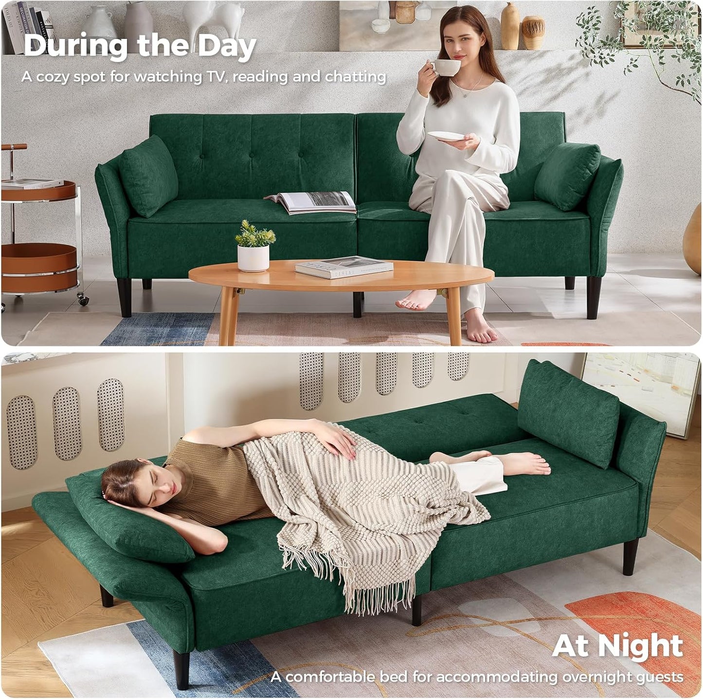 89” Futon Sofa Bed, Velvet Fabric Comfy Futon Couch Bed with 2 Square Pillows, Convertible Sleeper Sofa with Adjustable Backrest& Armrests, Modern Loveseat Sleeper for Living Room, Bedroom