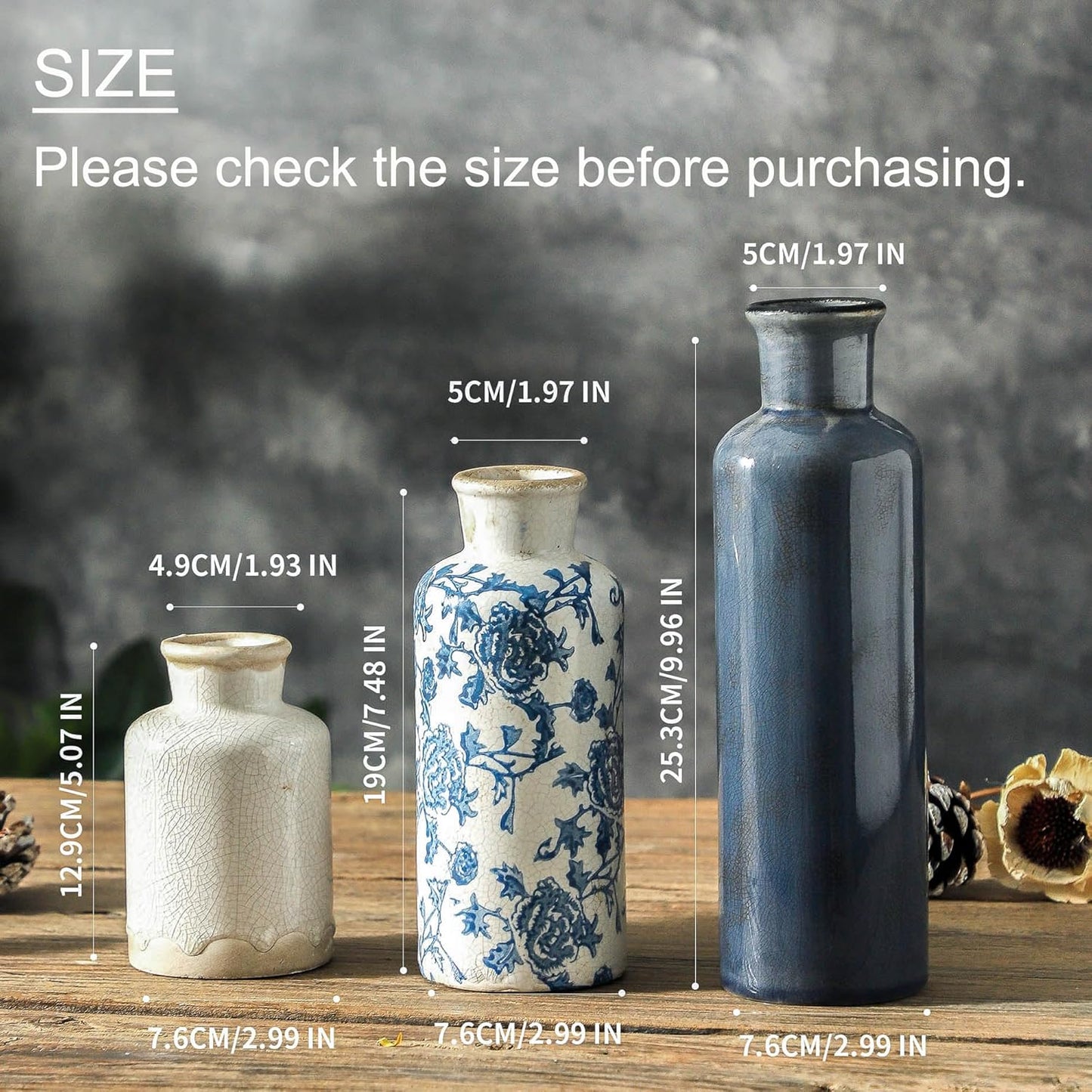 Ceramic Vintage Vases Set of 3, Blue and White Flower Decorative Vase Chinoiserie Decor Rustic Farmhouse Retro Floral Vases for Table Bookshelf Mantel Kitchen Living Room Office