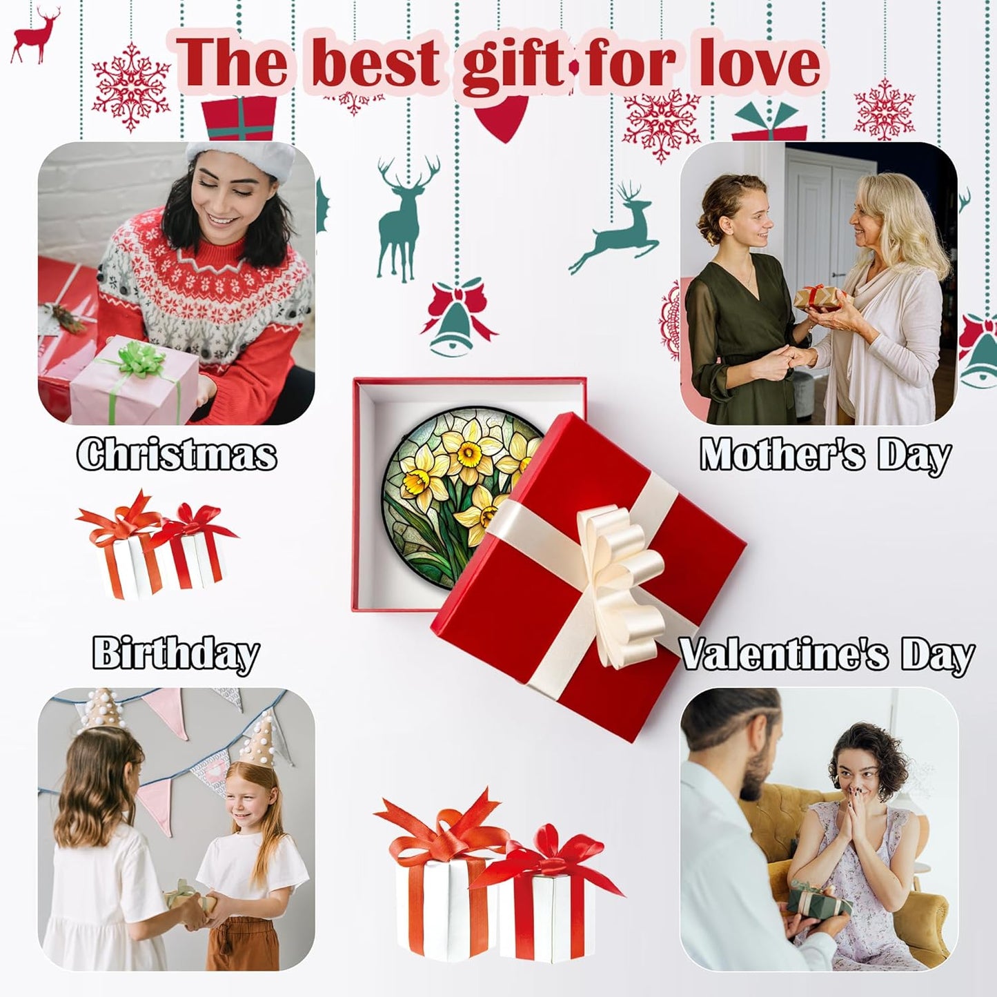 Stained Glass Window Hanging, Daffodil Plant Flowers Sun Catchers Diamond Glass Panel Hangings Suncatcher Decor for Birthday for Women, Men, Wife, Aunt,and Mom 9.8X9.8IN