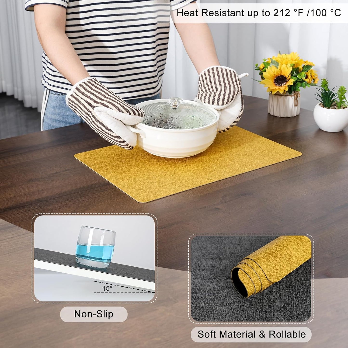 Myir JUN Dual Sided Placemats, Faux Leather Set of 6 Indoor/Outdoor Square Non-Slip Washable Table Mats (Gray Yellow)