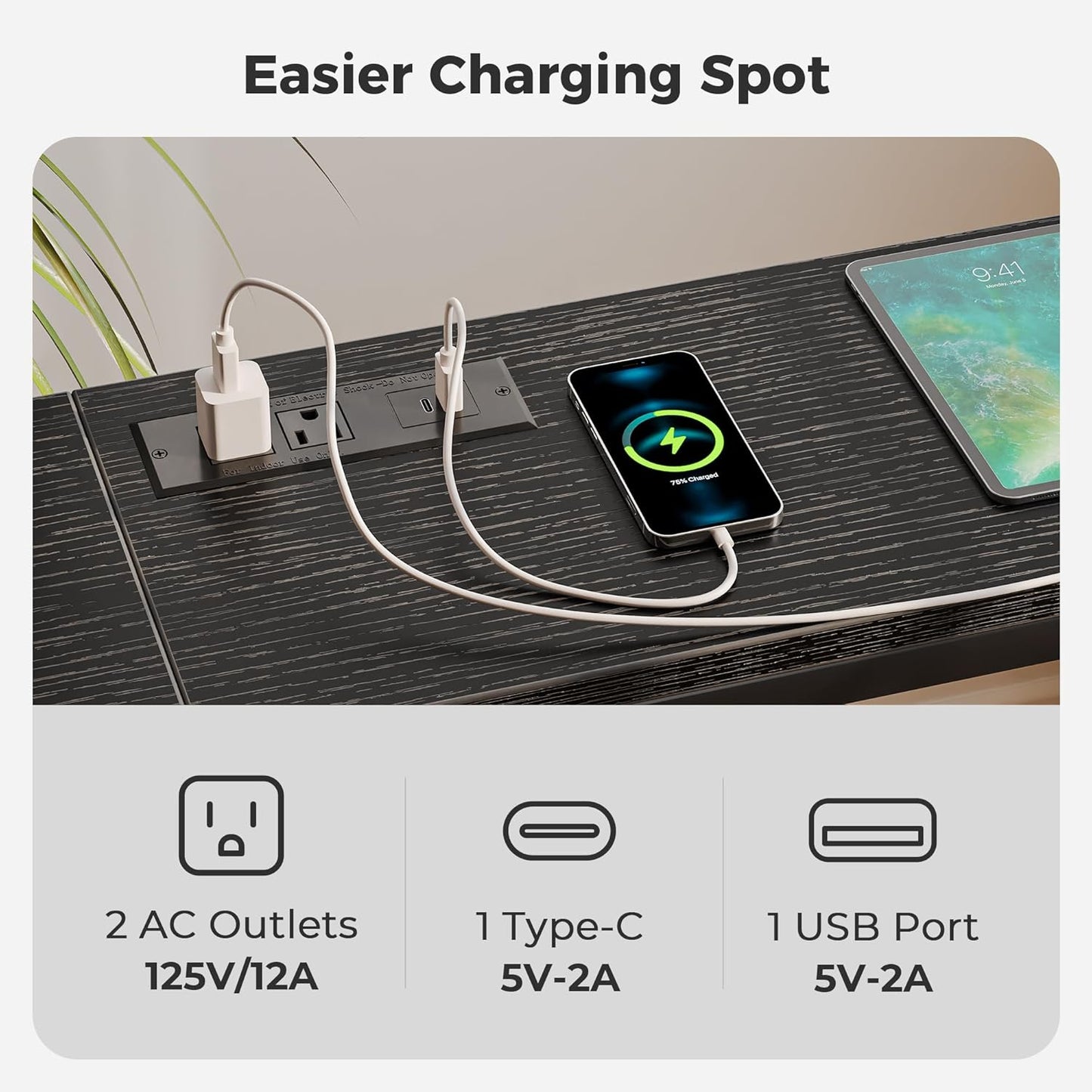 SUPERJARE Console Table with Outlet, 63 Inch Sofa Table with Charging Station, Narrow Entryway Table, Skinny Hallway Table, Behind Couch Table, for Living Room, Plants, Black