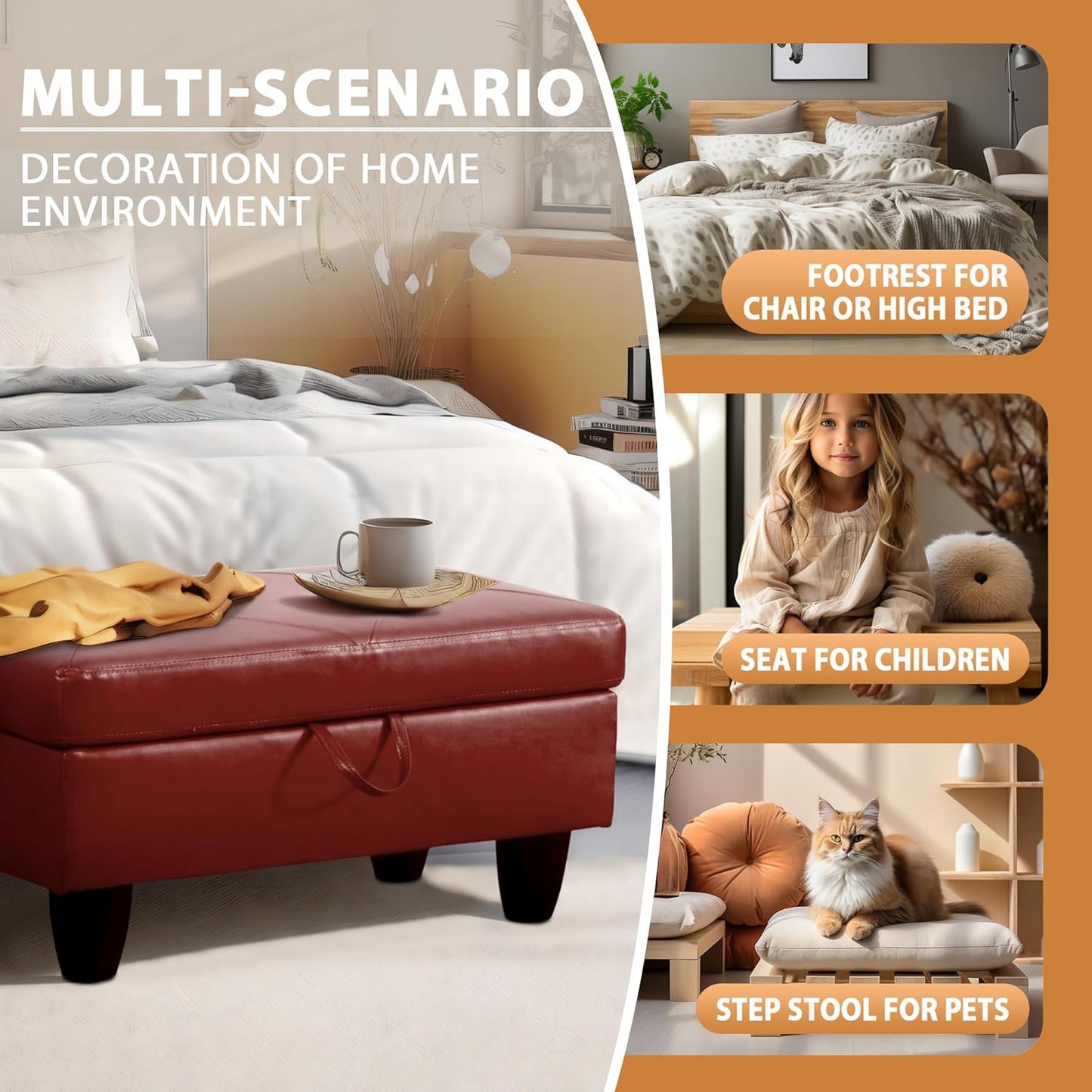 Ottoman Rectangular Storage Ottoman Bench, Faux Leather Footrest, Coffee Table, Stool Footstool with Hinged Lid for Living Room, Bedroom, Entryway, Red, 28.5"x19"x17.5"