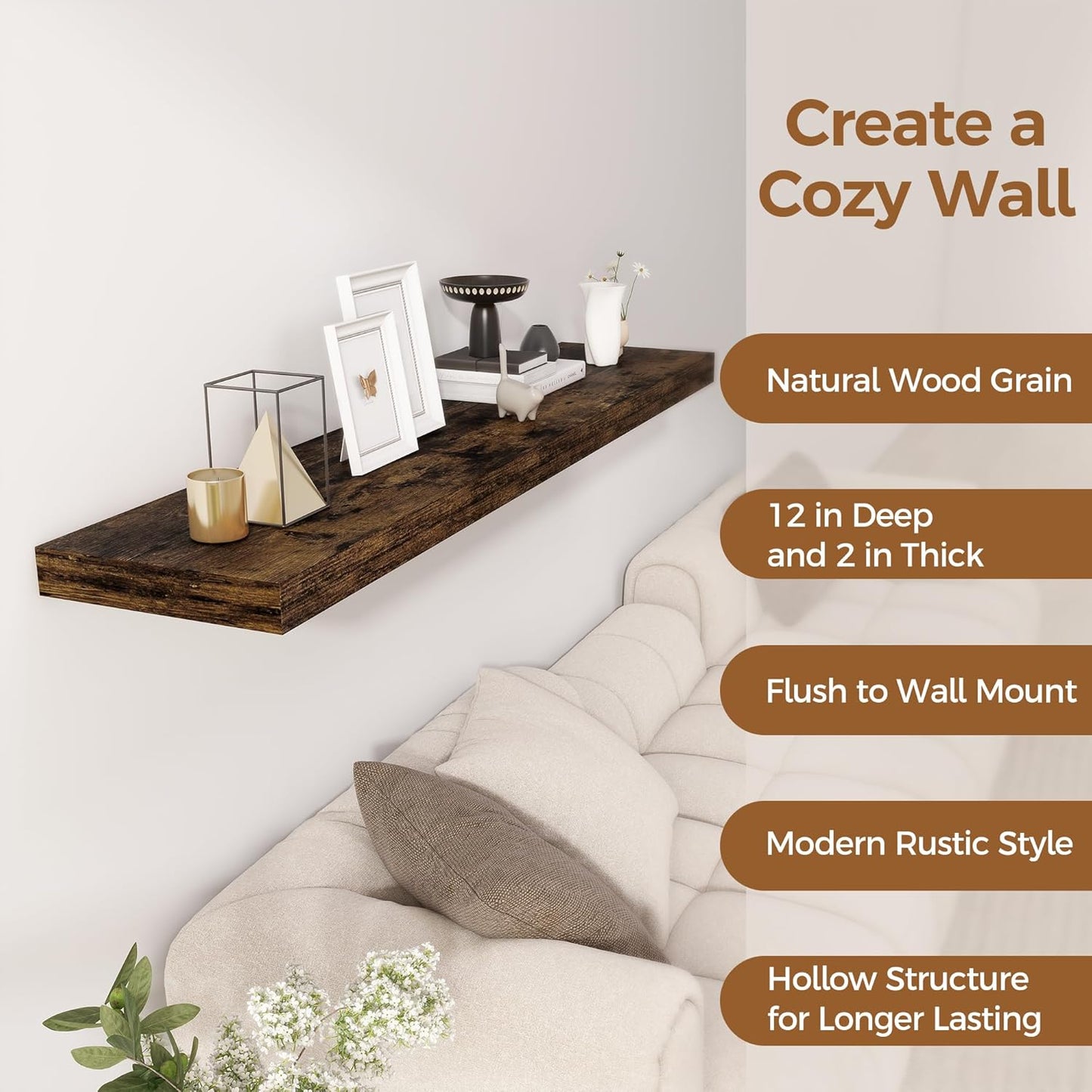 Floating Shelves 55 Inch Long, 55 x 12 Large Floating Shelf Wall Mounted, 12 Inch Wide Floating Shelves for Fireplace Mantel, 2" Thicked Storaged Shelves for Living Room, Bedroom, Rustic Brown, 1 Pack