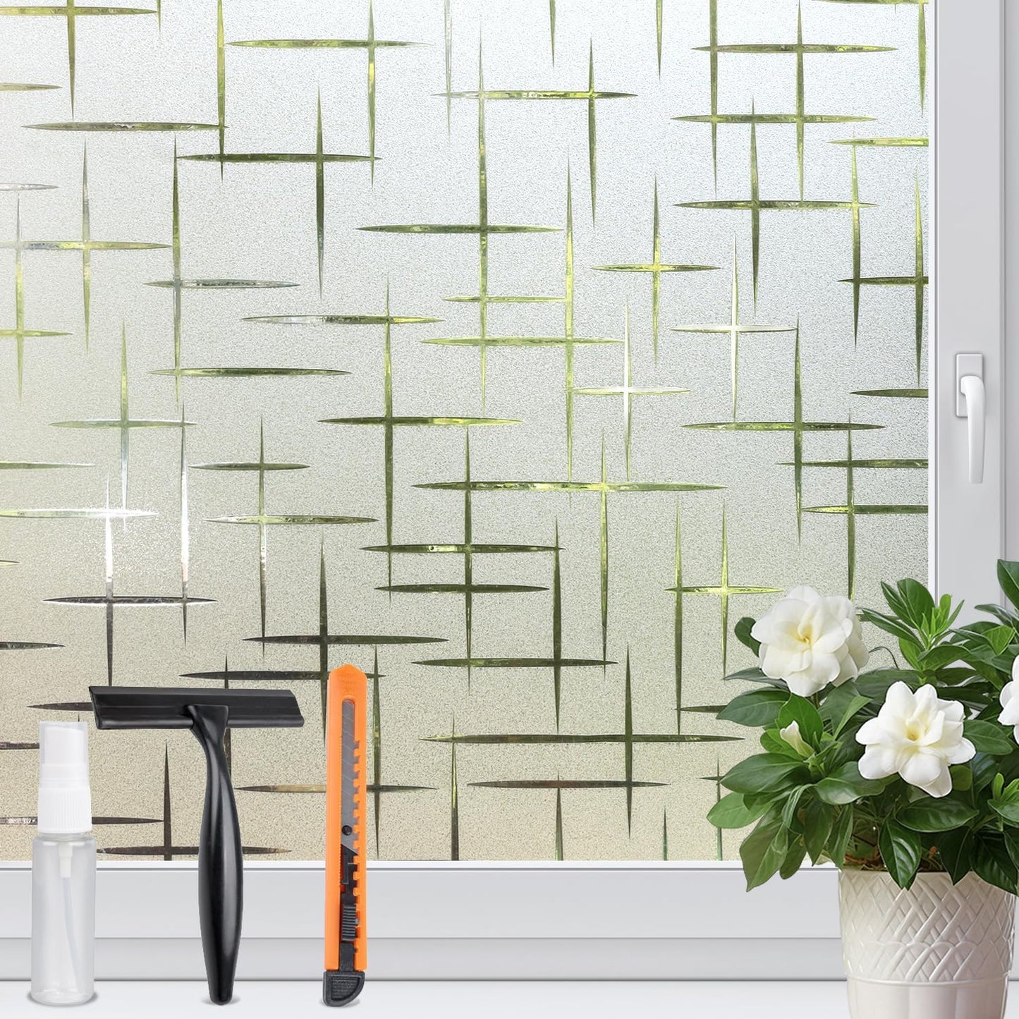 HIDBEA Window Privacy Film, Decorative Staic Cling Frosting Film, Heat Control UV Blocking Non-Adhesive Window Sticker for Home, Cross Pattern,29.5 X 78.7 Inches