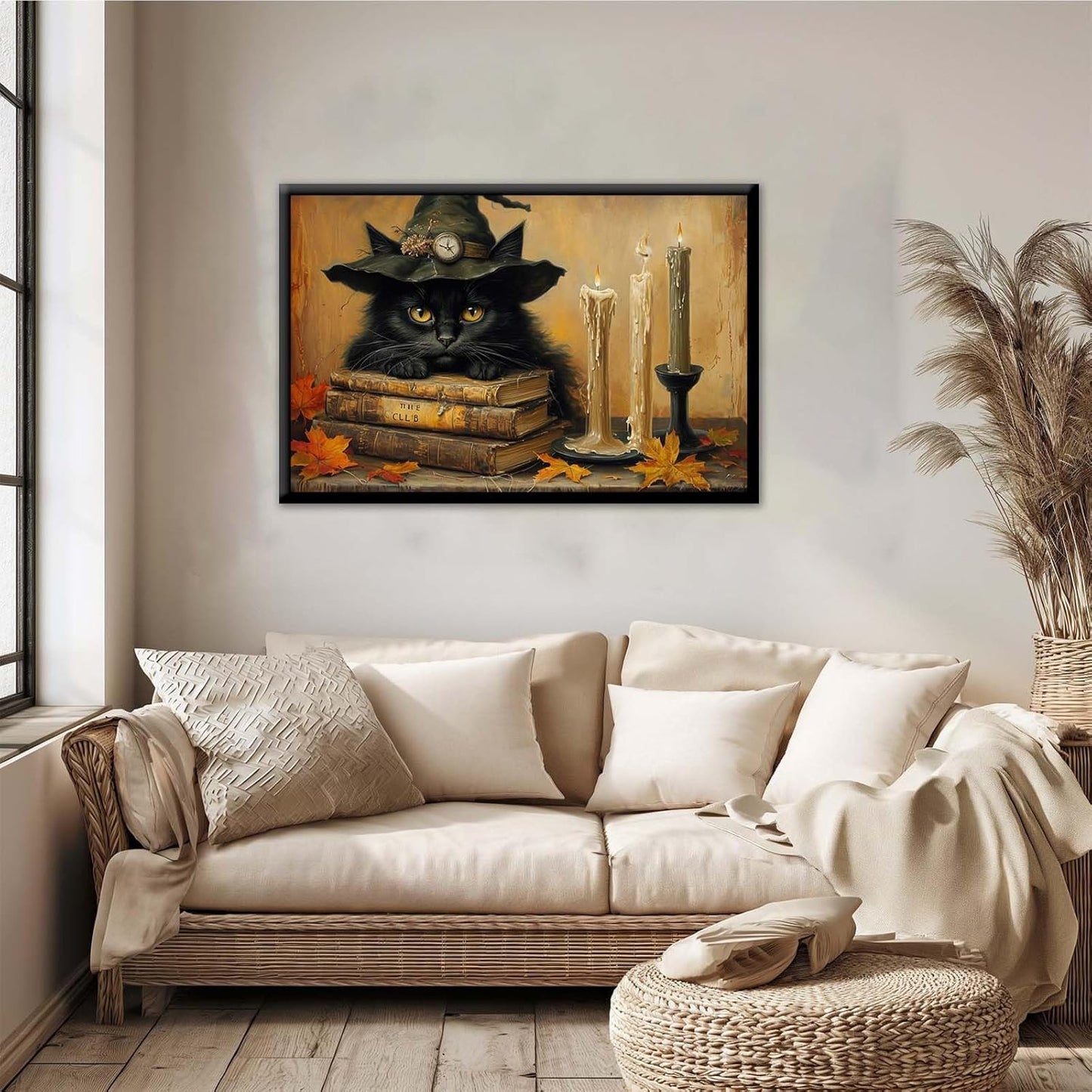 JFHCQJPK Vintage Halloween wall decoration black cat and magic book suitable for home bedroom living room decoration dark classic art witch wall decoration8x12in Metal blackFramed