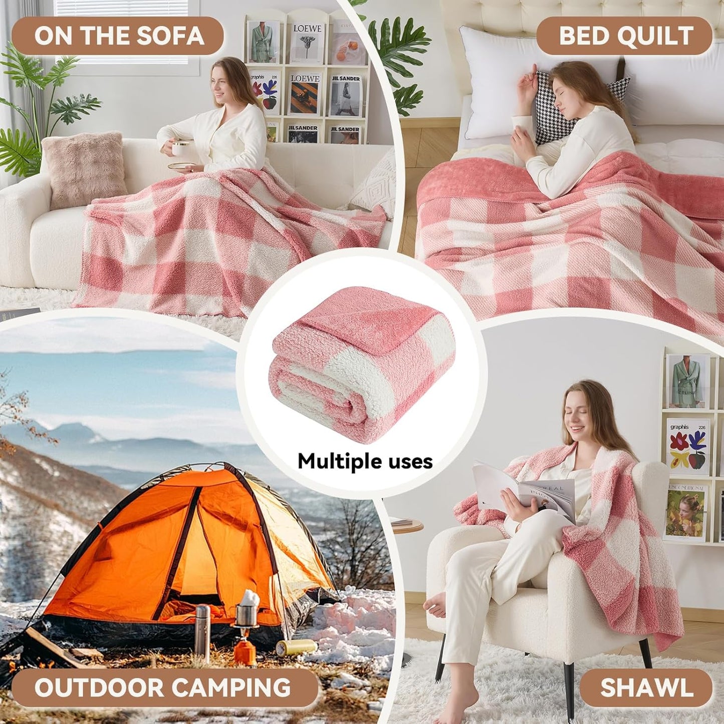 LURKA Checkered Sherpa Fleece Throw Blanket - Extra Thick and Warm Winter Soft Fuzzy Plush Blanket for Couches, Beds & Pets, Powder Pink, 50x60 Inches