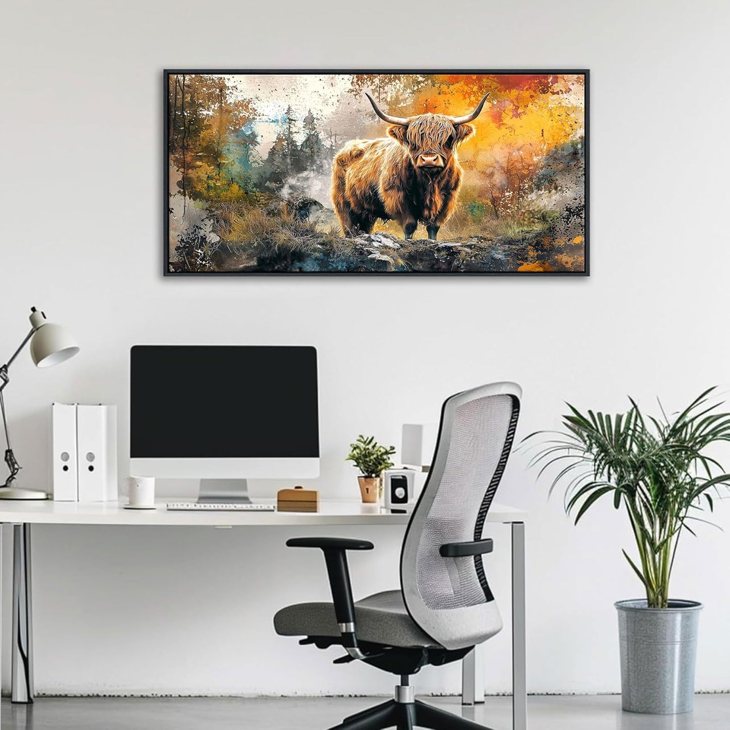 QZQCBLC Highland Cow Wall Art, Vintage Country Style Abstract Landscape Pictures Animal Cattle Canvas Print Framed Paintings Artwork for Living room Bathroom Bedroom Home Office Decor 20x40 IN