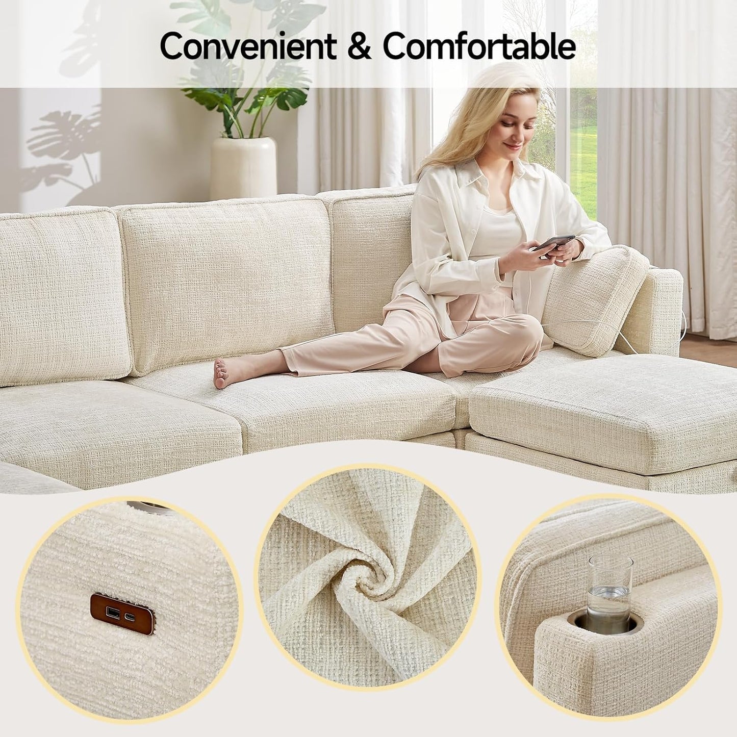 110" Modular Sectional Sofa, Convertible Sleeper Sofa Couch Bed with Adjustable Backrest, U-Shaped Chenille Cloud Couch with Ottoman Storage, Deep Seat Couches for Living Room,Beige