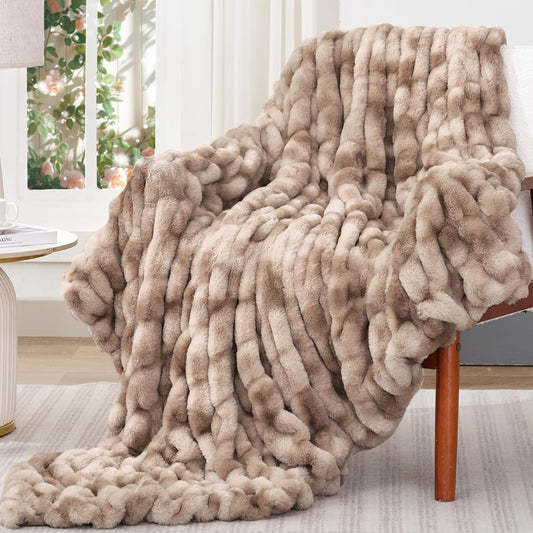 Touchat Ruched Faux Rabbit Fur Blanket, 700 GSM Luxury Dual-Sided Soft Cozy Blanket, Fuzzy Fluffy Plush Throw for Bed, Couch and Sofa - 60"x80", Tie-dye Brown
