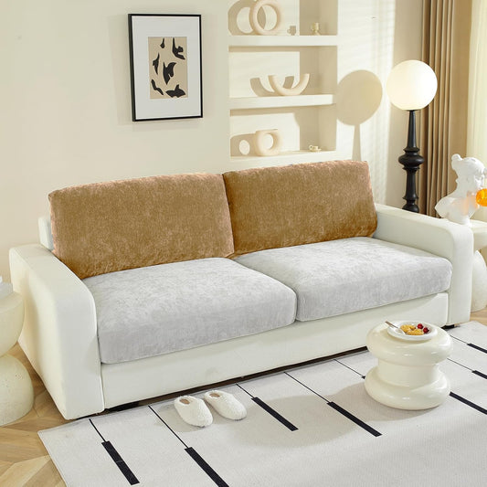 Large Backrest Cushion Covers Super Stretch Backrest Covers for 2 Cushion Couch Sofa, Couch Back Cushion Covers Featuring with Chenille Yarn (Softer Version, 2PC, Khaki)