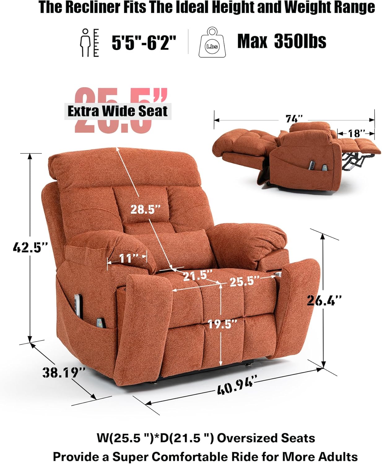 Oversized Lazy Boy Recliner Chair, 4 Motor Recliner with Power Headrest and Lumbar, Nursing Lift Chair with Vibrating Massage and Heated Seat