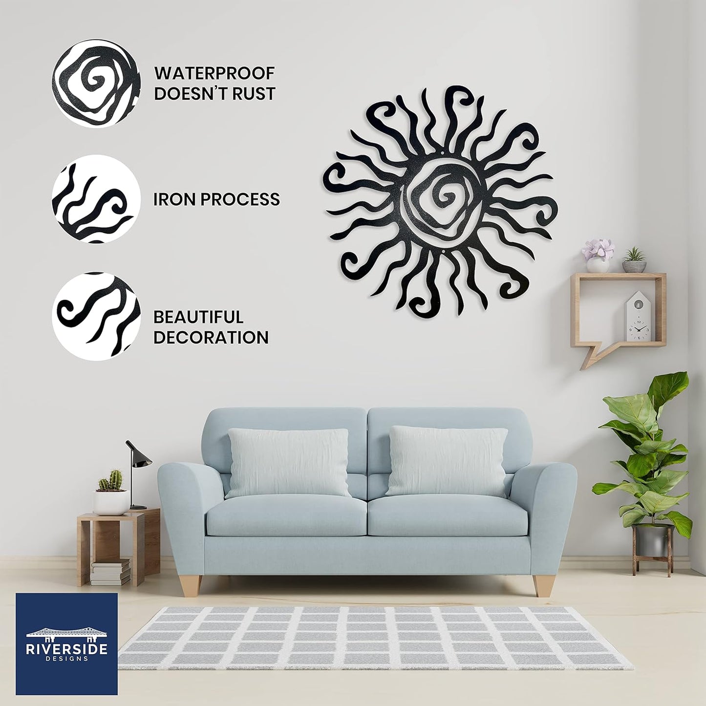 Riverside Designs Wacky Sun Metal Wall Art Indoor/Outdoor Decor - 30" Black Rust Proof Wall Sculpture - Made in USA - Ideal for Bedroom, Garden, Home, Patio and Farmhouse