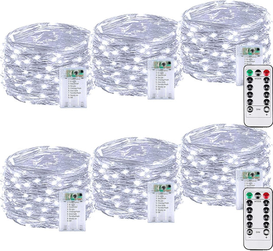 6 Pack 60LED Battery Operated Fairy Lights with Remote, 8 Modes LED String Lights with Timer, Dimmable, Memory Function, Waterproof Twinkle Fairy Lights for Outdoor Indoor Christmas Decor(Cool White)