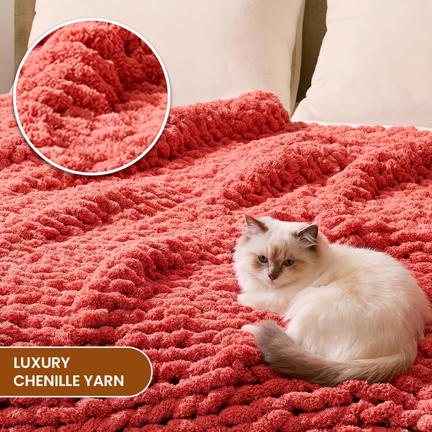 L'AGRATY Chunky Knit Blanket Throw: 60''x80'' Chenille Chunky Knitted Throw Blankets for Twin Bed Couch - Handmade Thick Cable Knit Blanket - Large Crochet Rope Blankets for Home Decor(Coral Pink)
