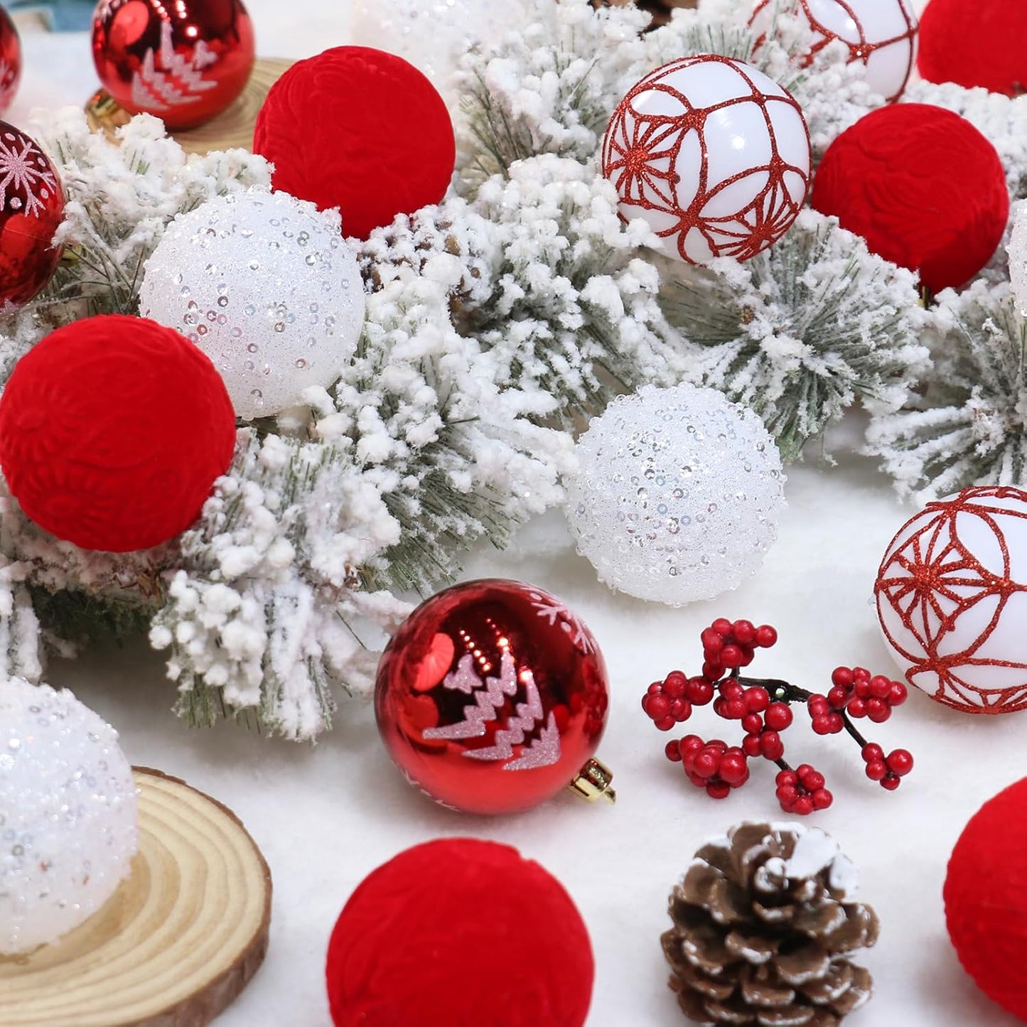 2.36In Velvet Christmas Ball Ornaments, 25PCS Red/White Flocked Christmas Tree Hanging Decorations, for Home Holiday Wedding Indoor Xmas Party Decor.