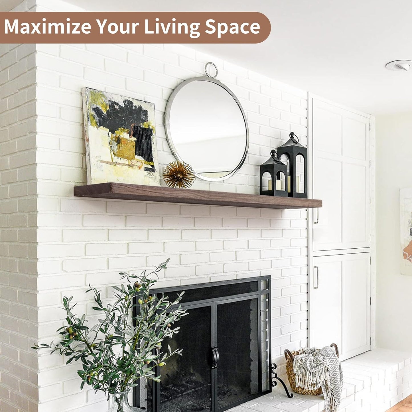 Axeman Floating Shelves for Wall, Rustic Elm Wood 48'' x 8" Deep Wall Shelf with Invisible Bracket, Large Long Wall Mounted Storage Shelves for Living Room, Bedroom, Kitchen, Bathroom Decor, Walnut