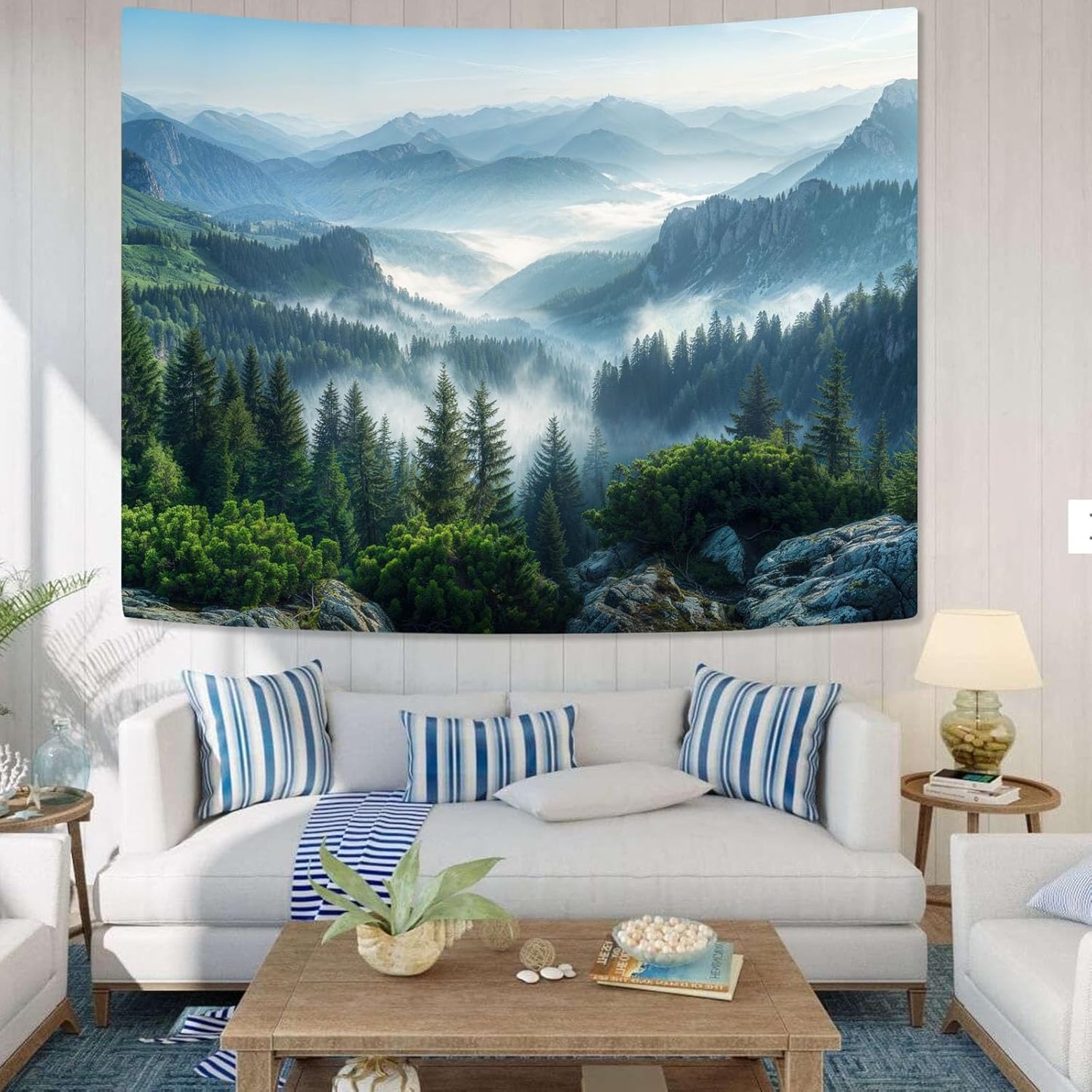 AMM Nature Forest Mountain Tapestry Green Misty Pine Tree Tapestry for Bedroom Aesthetic Foggy Woodlands Sky Landscape Tapestries Wall Hanging for Living Room Dorm 80 x 60 Inch