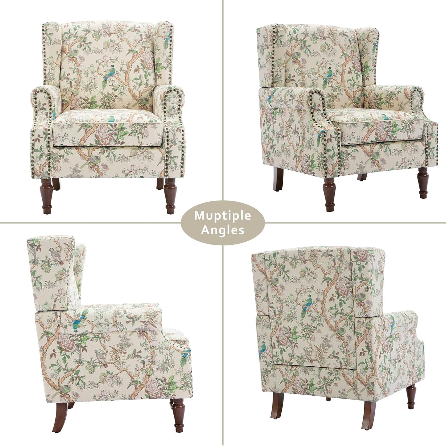Lumibee Wingback Accent Chair, 2 Set High Back Floral Armchairs in Fabric,Comfy Upholstered Reading Single Sofa Chairs with Solid Wood Legs for Living Room,Bedroom,Office-Bird