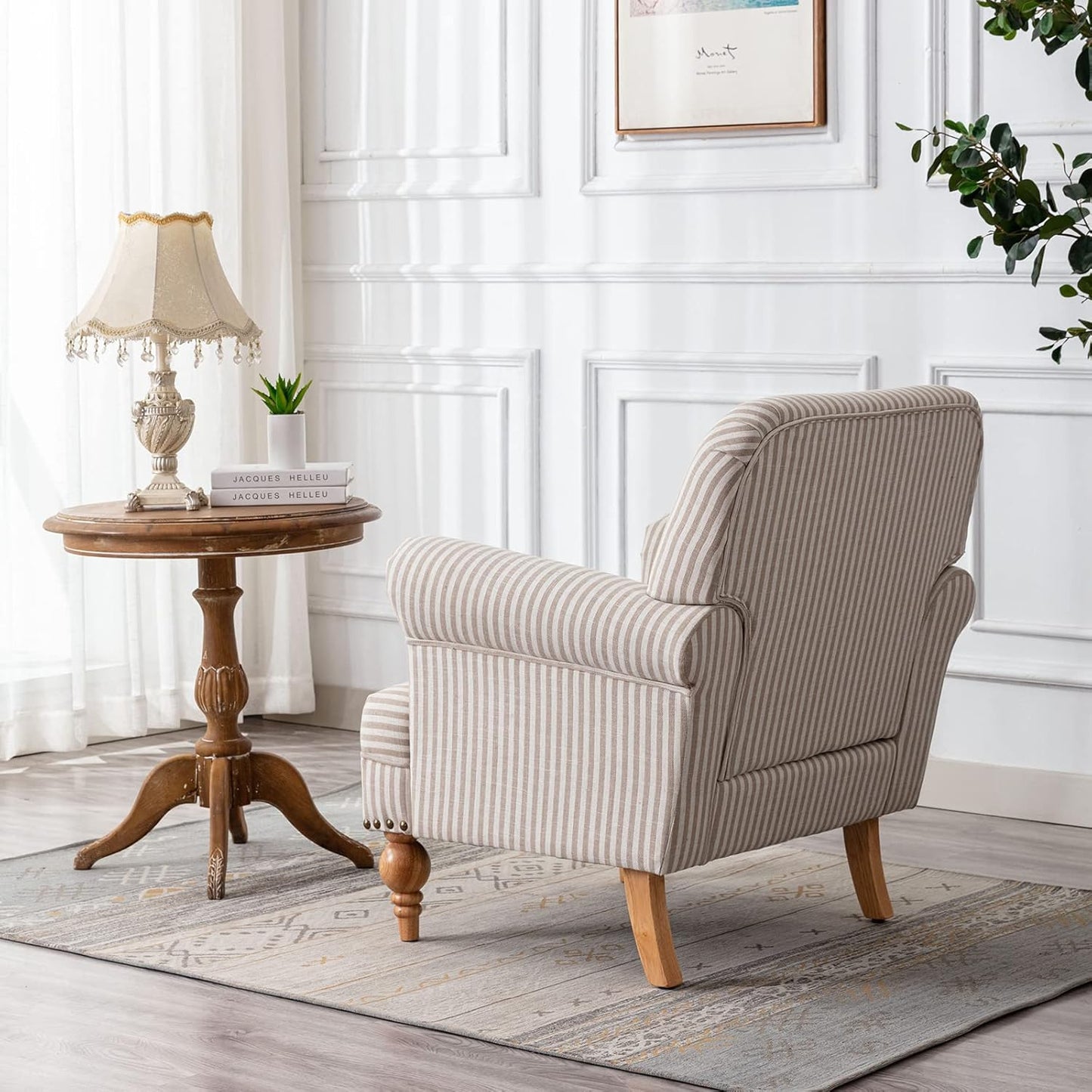 chairus Linen Accent Chair for Living Room Set of 2 Upholstered Mid Century Modern Single Sofa Chair with Solid Wood Legs Comfy Reading Chair Armchair for Bedroom/Office/Recption/Lounge, Khaki Stripe