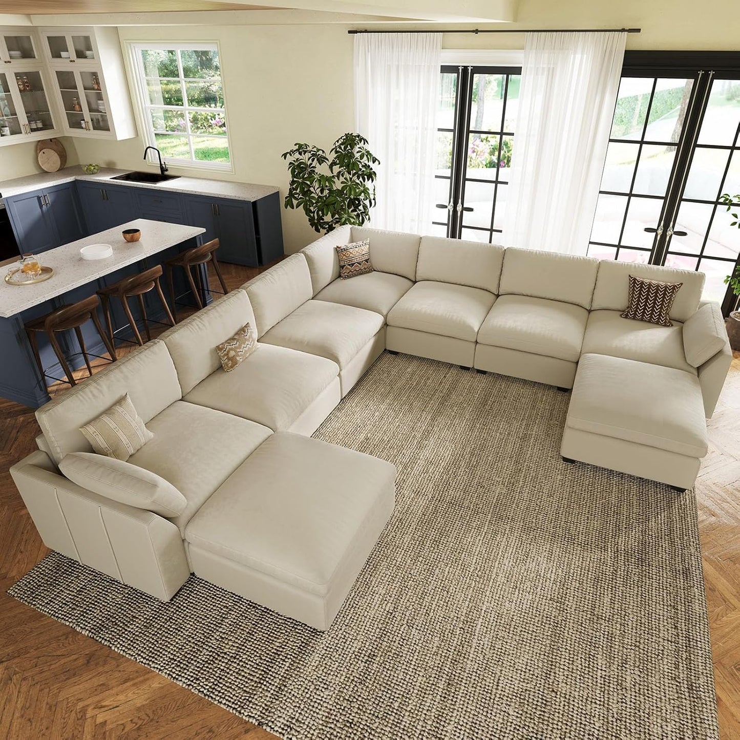 Belffin Oversized Sectional Couch with Movable Ottoman,Modern 137.8" 9-Seater Modular Sectional Sofa,Convertible Velvet U Shaped Sectional Couches for Living Room,Beige