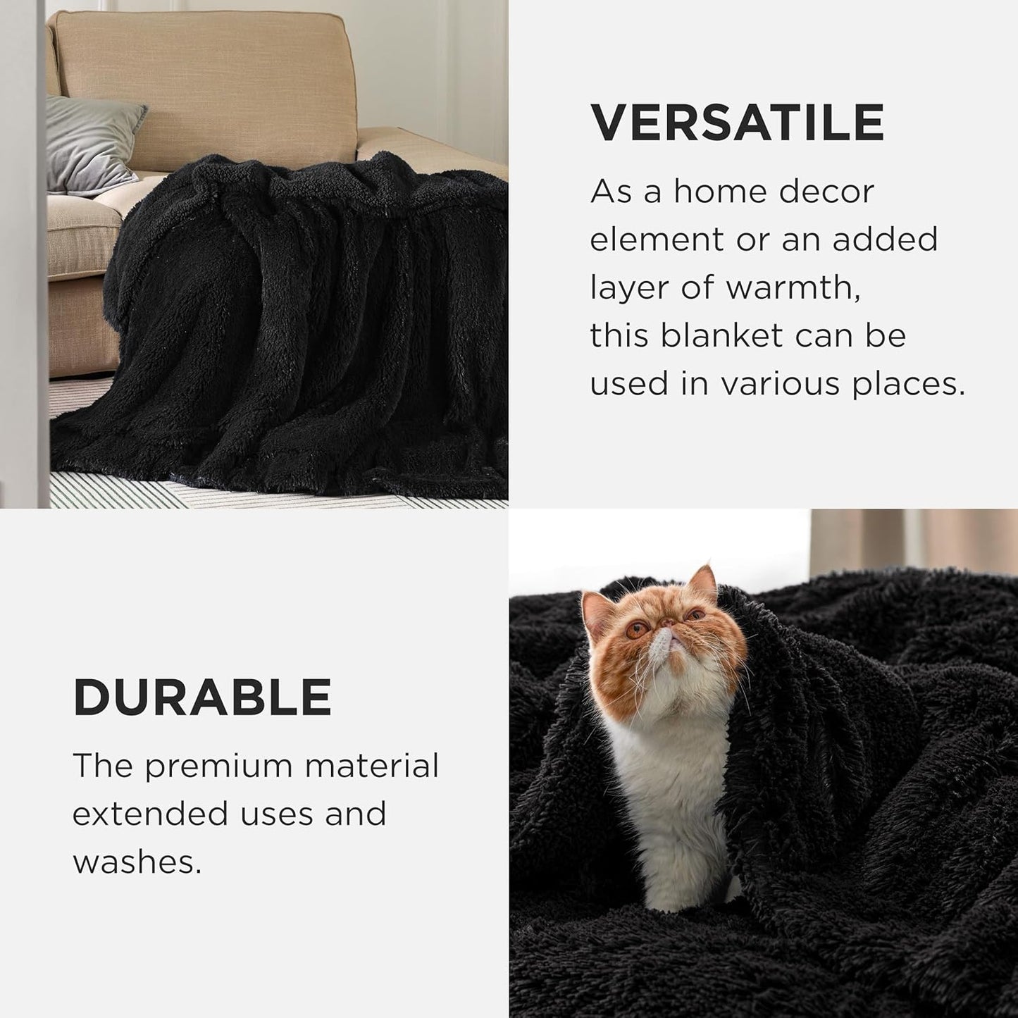 Bedsure GentleSoft Fluffy Black Blankets Queen Size for Bed, Thick Sherpa Faux Fur Fleece Fuzzy Plush Winter Warm Soft Full Queen Blankets, Bedroom Decor Black Gifts Cozy Gifts for Women Men, 90x90