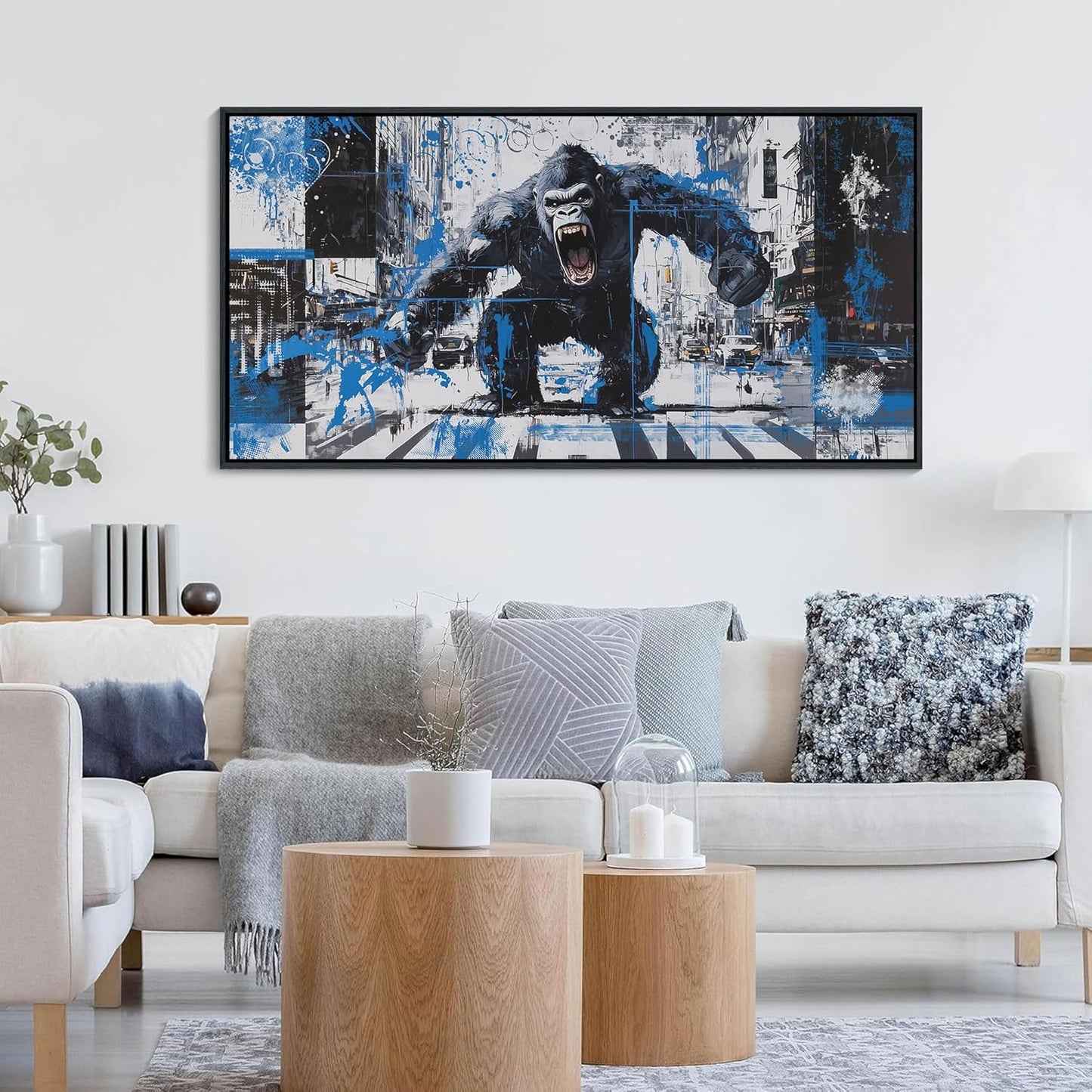 JEAWA Canvas Framed Wall Art, Large 24x48 IN Angry Gorilla Abstract City Street Graffiti Pop Paintings Black and White Modern Picture for Living Room Bedroom Men Teenage Study Home Office Decor