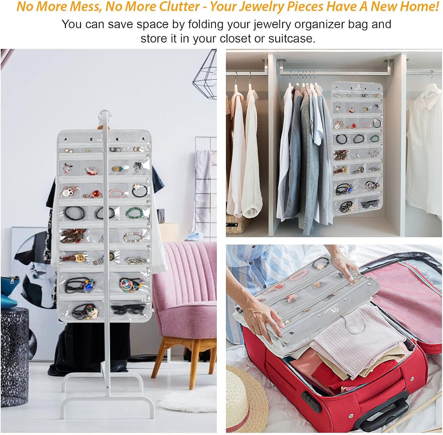 Freegrace Hanging Jewelry Organizer Revolving Hanger - Secure Zipper Closure - 50 Pockets - Foldable Storage & Display Solution - For All Jewelry & Bijoux (Gray)