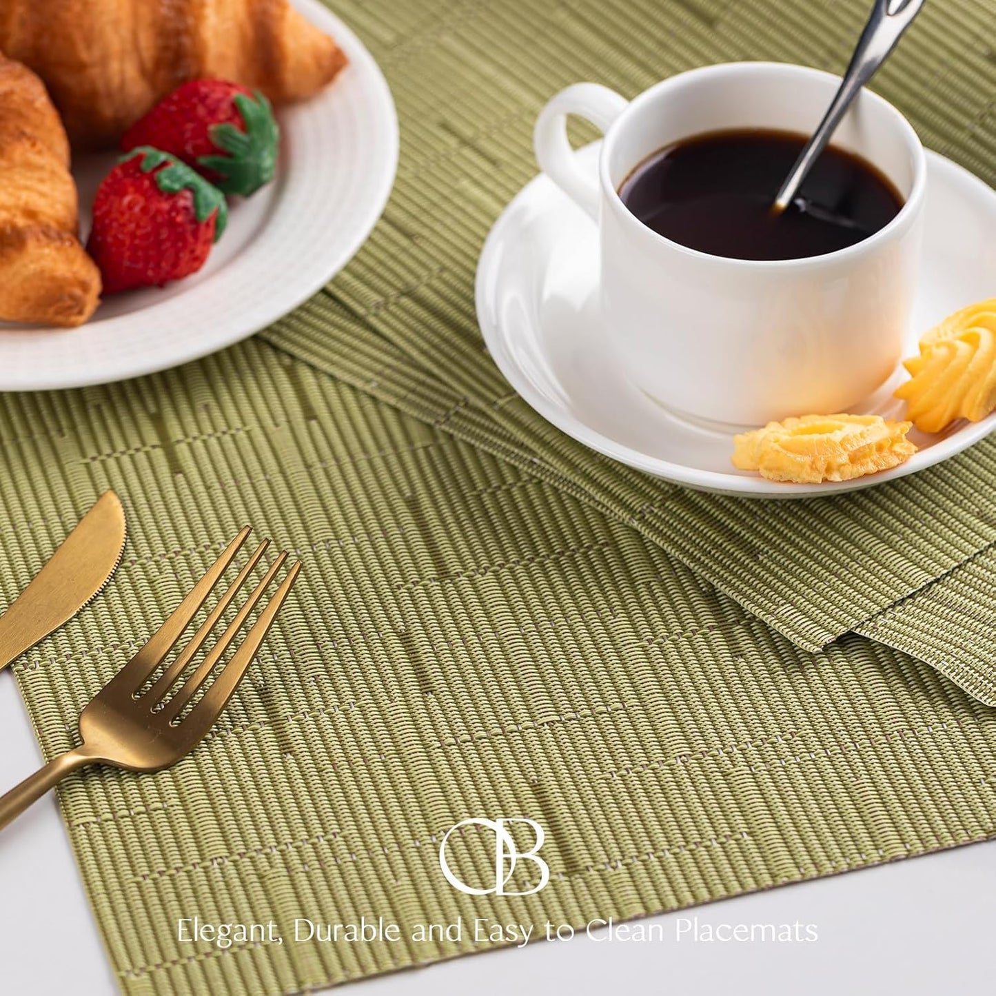 Placemats Set of 8 - Easy Clean Woven Vinyl Placemats for Dining Table, Indoor/Outdoor Place Mats, Washable PVC Table Mats （Pea Green）