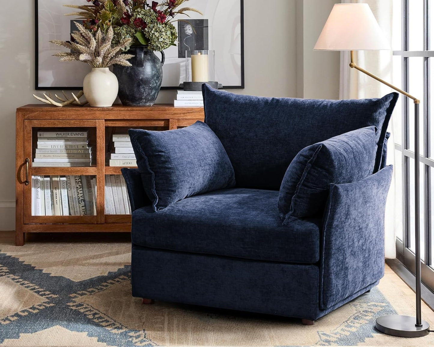 Oversized Accent Chair, Upholstered Modern Sofa Chair with Removable Backrest & Detachable Cover, 24.5" Deep Seat Large Reading Armchair for Living Room Bedroom Office - Chenille Blue Set of 1