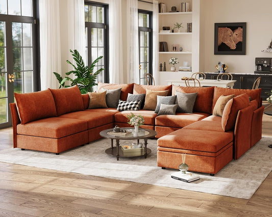 134.6" Modular Sectional Sofa, U Shaped Couch Set for Living Room, Large 8-Seater Comfy Cloud Couches with Movable Storage Ottoman,DIY Combination - Chenille Terracotta