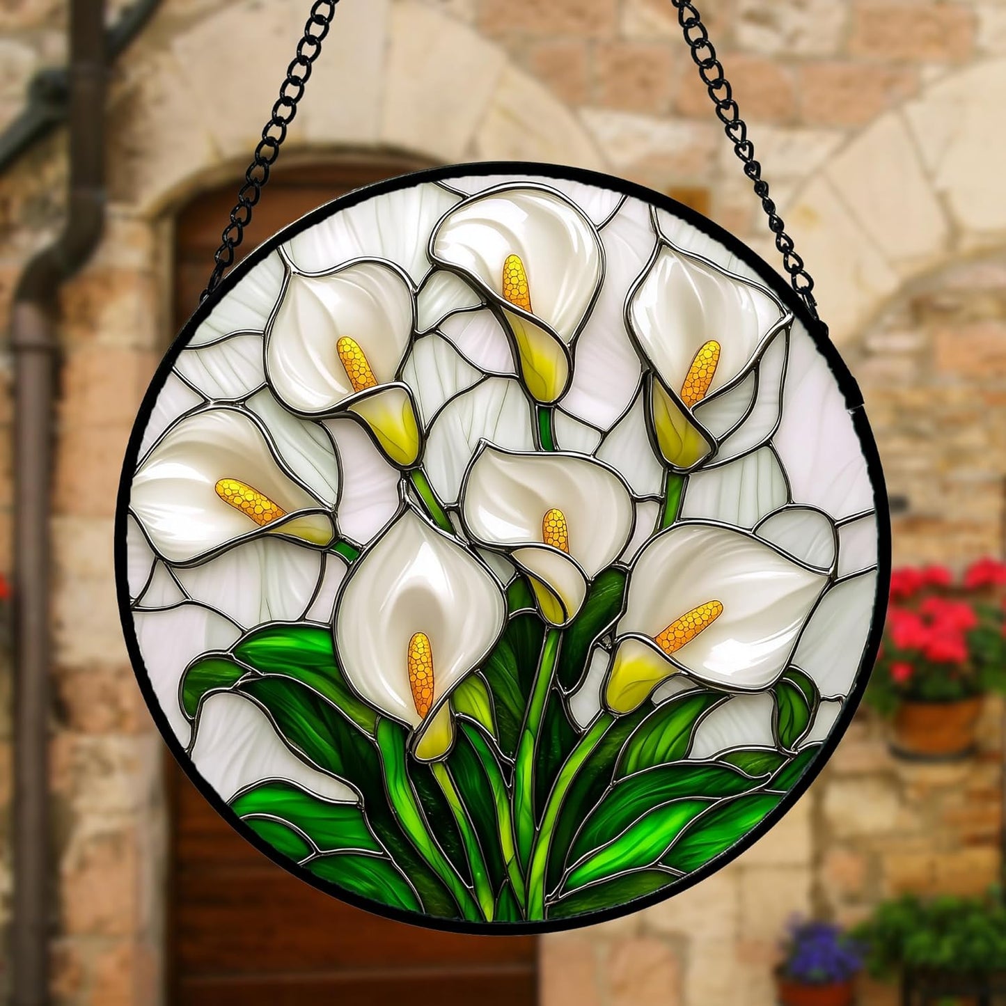 Stained Glass Window Hanging, White Calla Lily Suncatcher Diamond Glass Panel Hangings Flowers Sun Catchers Decor for Birthday for Women, Men, Wife, Aunt, and Mom 9.8 in