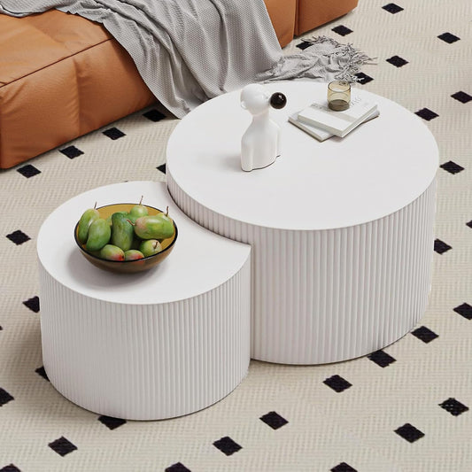 Round Nesting Coffee Table Wood Drum Nesting Tables Modern Stacking Coffee Table Set of 2 Fluted Center Table End Table for Living Room Home Office Small Spaces, No Assembling (White Large)