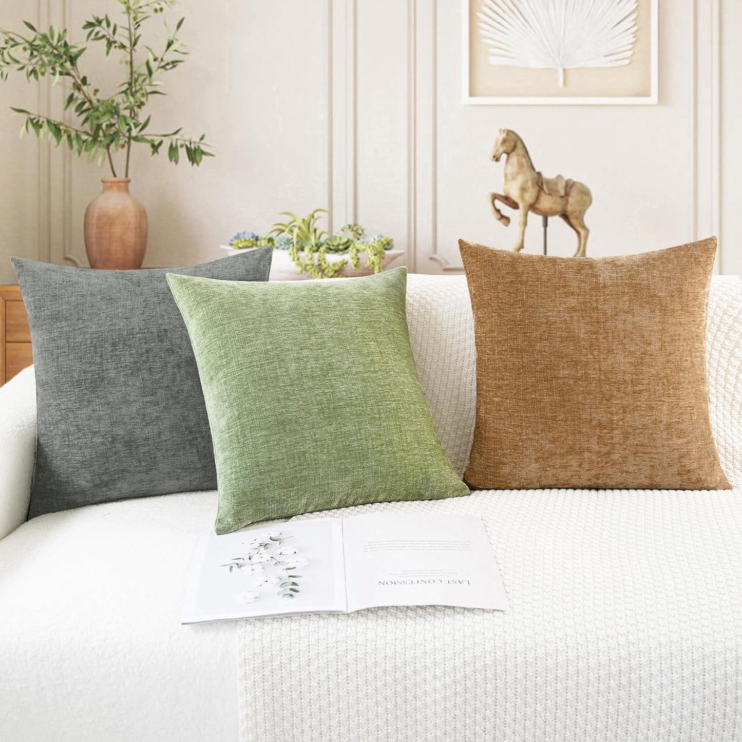 CaliTime Throw Pillow Covers Decorative 18 X 18 Inches Pack of 4 Cozy Chenille Cushion Cases for Couch Sofa Bed Living Room Home Sage Green